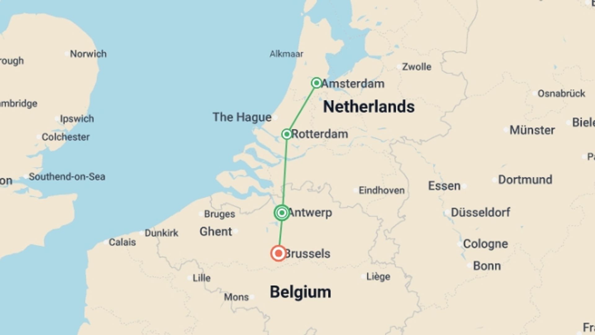 A map showing the tour itinerary for the trip: The Magic of the Canals: From Amsterdam to Brussels (port-to-port cruise) - Experience the authenticity of the Netherlands and Belgium, starting in Antwerp, Belgium and ending in Brussels, Belgium going through 4 other destinations.