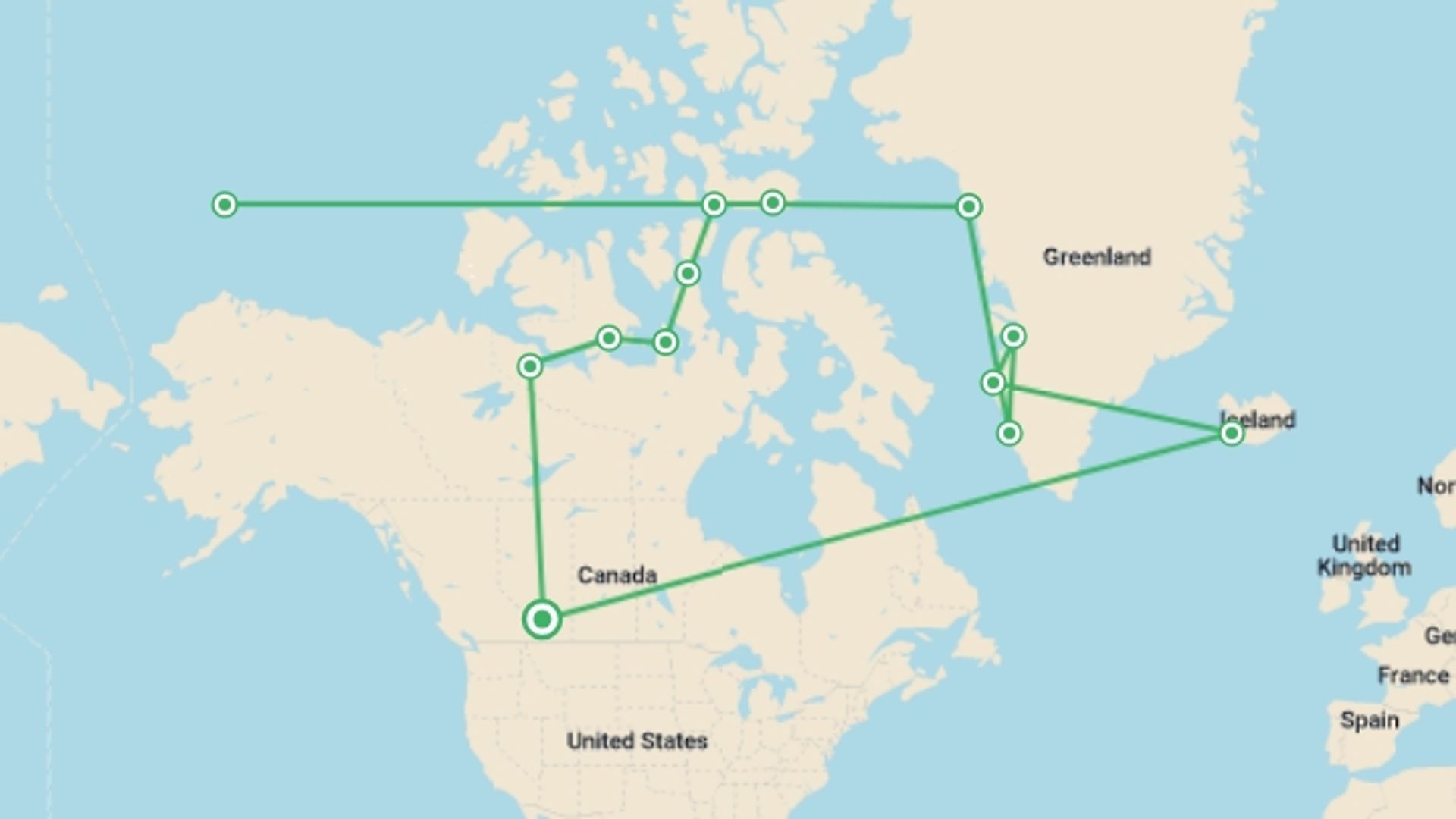 A map showing the tour itinerary for the trip: The Northwest Passage - M/V Sylvia Earle, starting in Toronto, Canada and ending in Calgary, Canada going through 6 other destinations.