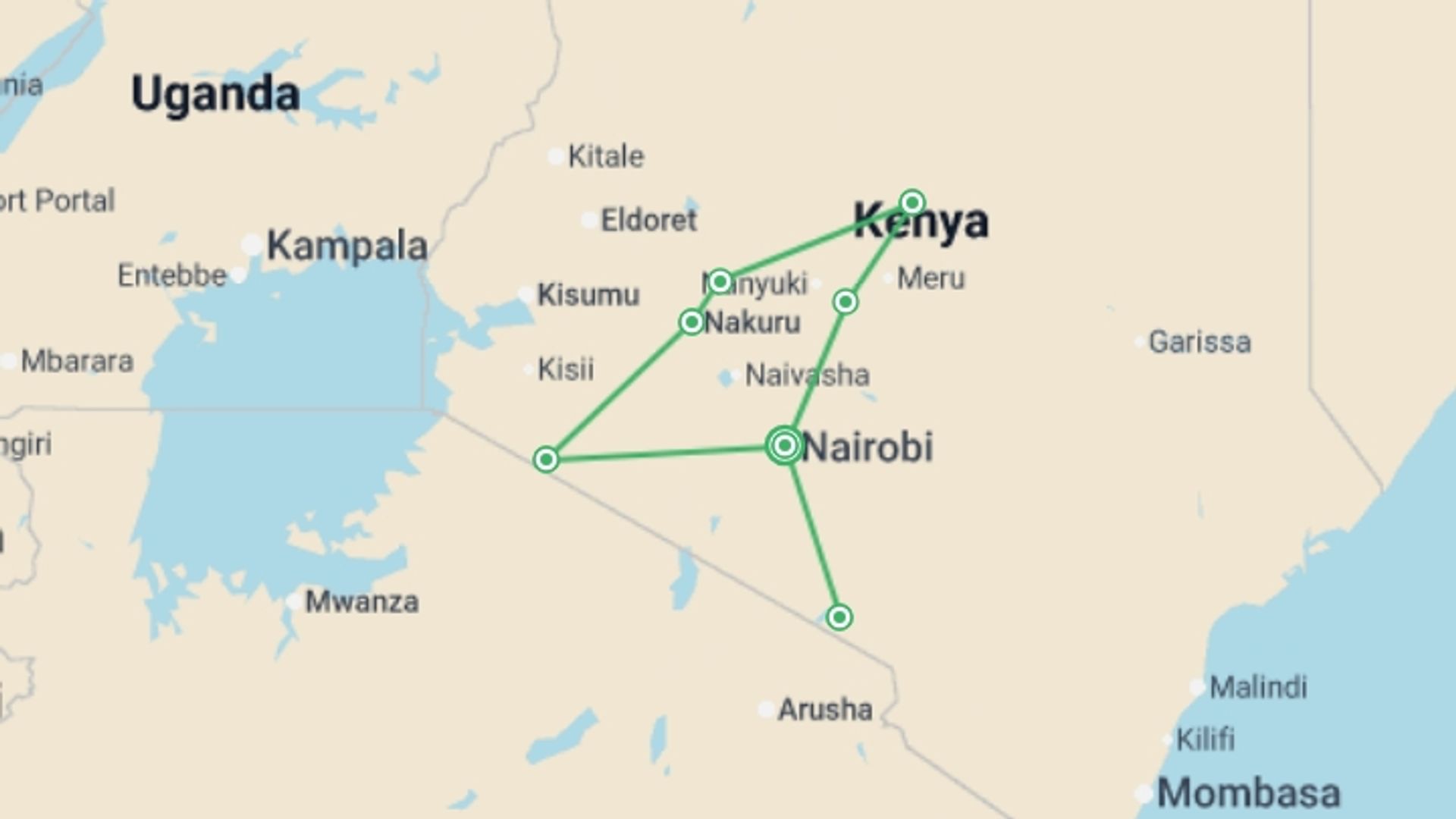 A map showing the tour itinerary for the trip: The Plains of Africa Kenya Wildlife Safari, starting in Nairobi, Kenya and ending in Nairobi, Kenya going through 5 other destinations.
