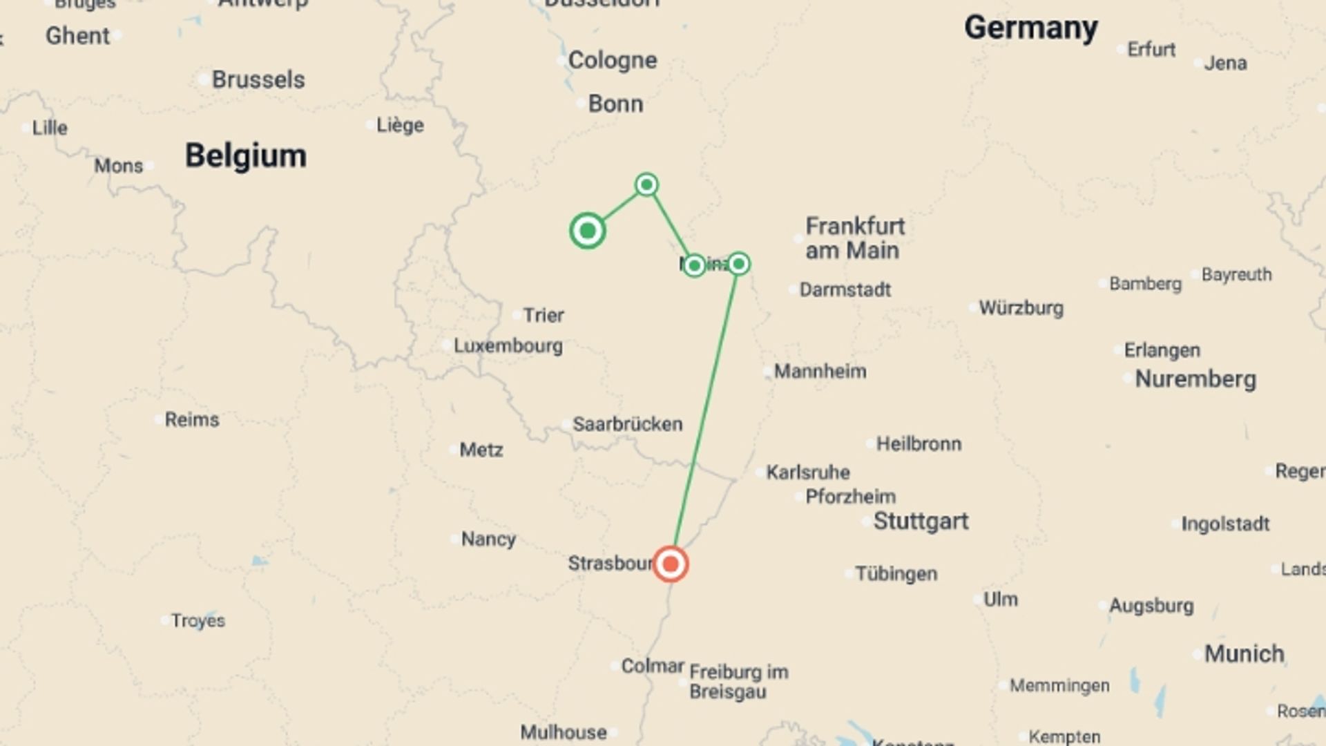 A map showing the tour itinerary for the trip: The Rhine & Moselle (port-to-port cruise), starting in Strasbourg, France and ending in Strasbourg, France going through 5 other destinations.