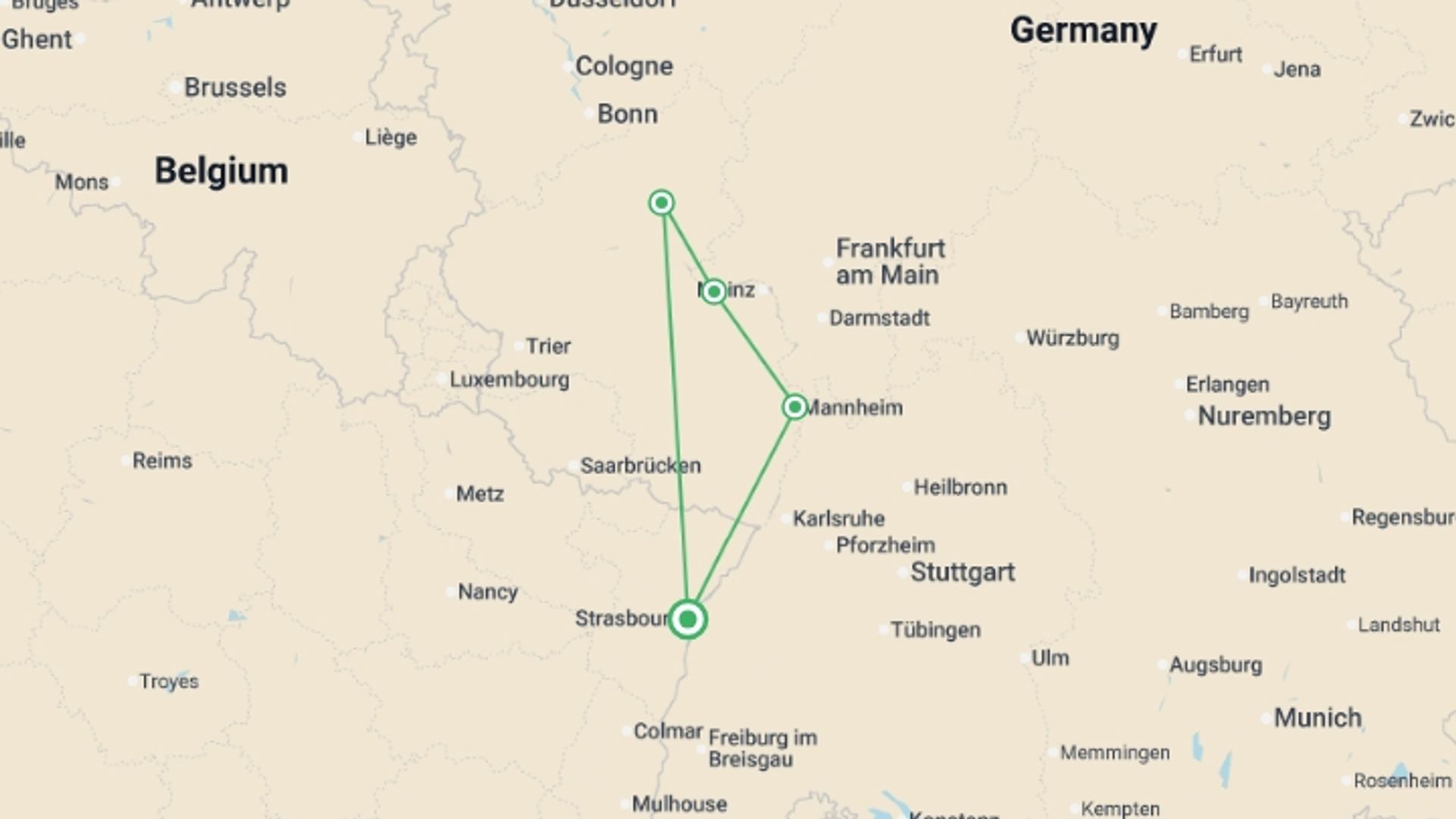 A map showing the tour itinerary for the trip: The Rhine Gone Wild : A lively cruise filled with legends, flavors, and good cheer (port-to-port cruise), starting in Strasbourg, France and ending in Strasbourg, France going through 3 other destinations.