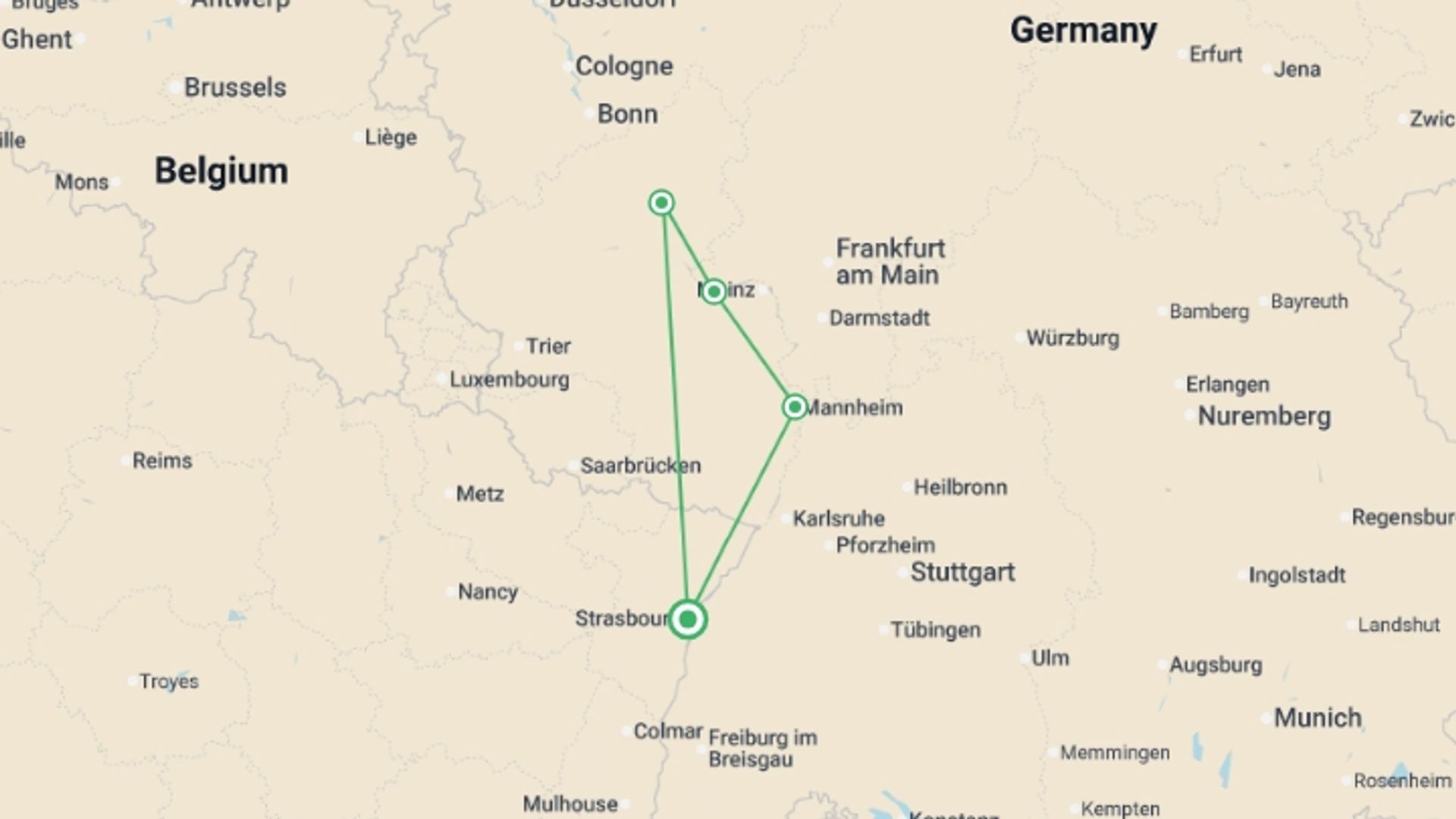 A map showing the tour itinerary for the trip: The Rhine Gone Wild : A lively cruise filled with legends, flavors, and good cheer (port-to-port cruise), starting in Strasbourg, France and ending in Strasbourg, France going through 3 other destinations.