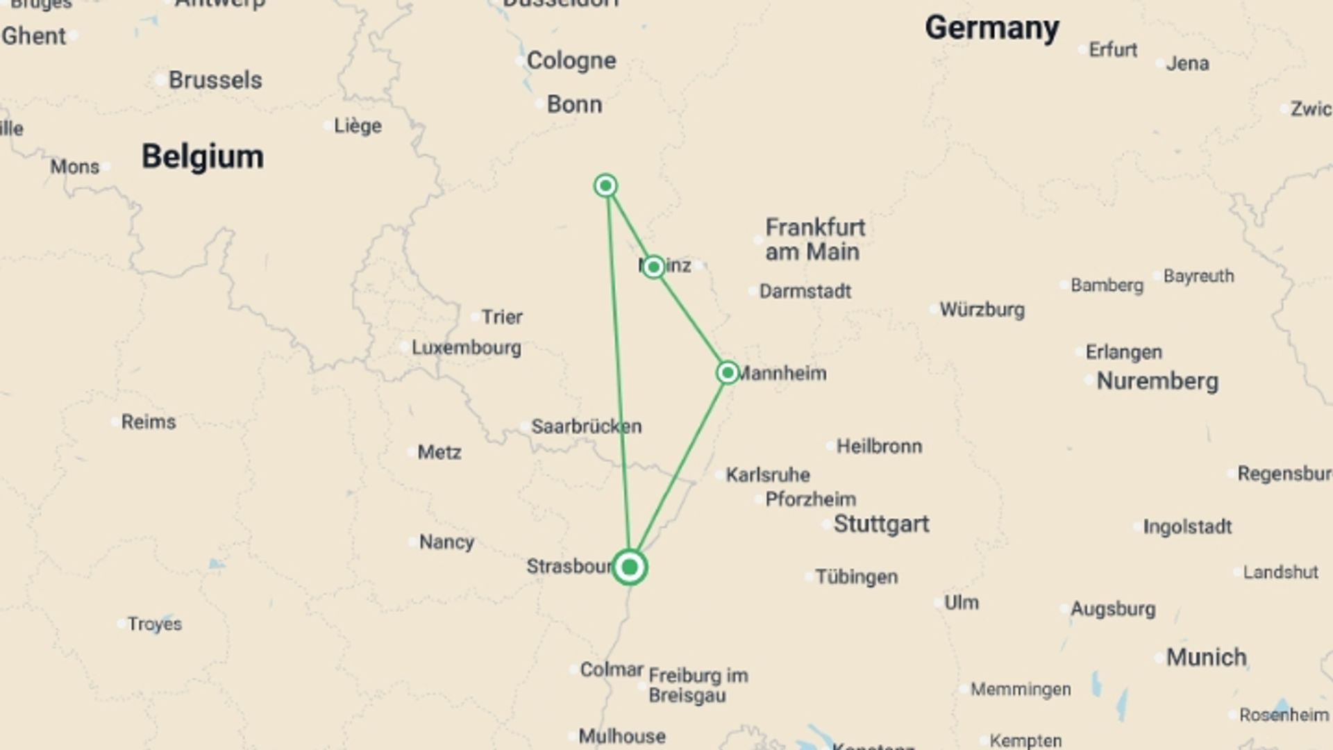 A map showing the tour itinerary for the trip: The Rhine Gone Wild : A lively cruise filled with legends, flavors, and good cheer (port-to-port cruise), starting in Strasbourg, France and ending in Strasbourg, France going through 3 other destinations.