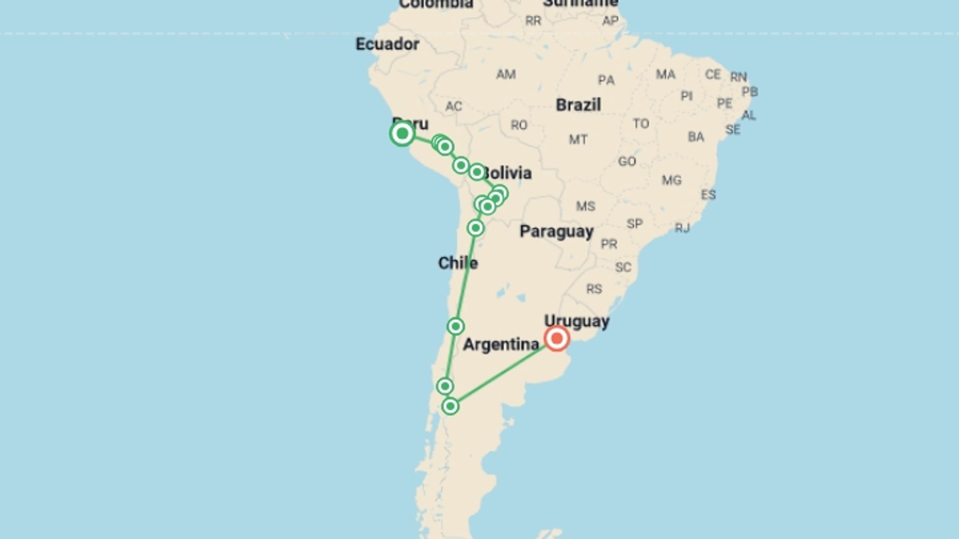 A map showing the tour itinerary for the trip: The Scenic Route - Lima to Buenos Aires, starting in Lima, Peru and ending in Buenos Aires, Argentina going through 14 other destinations.