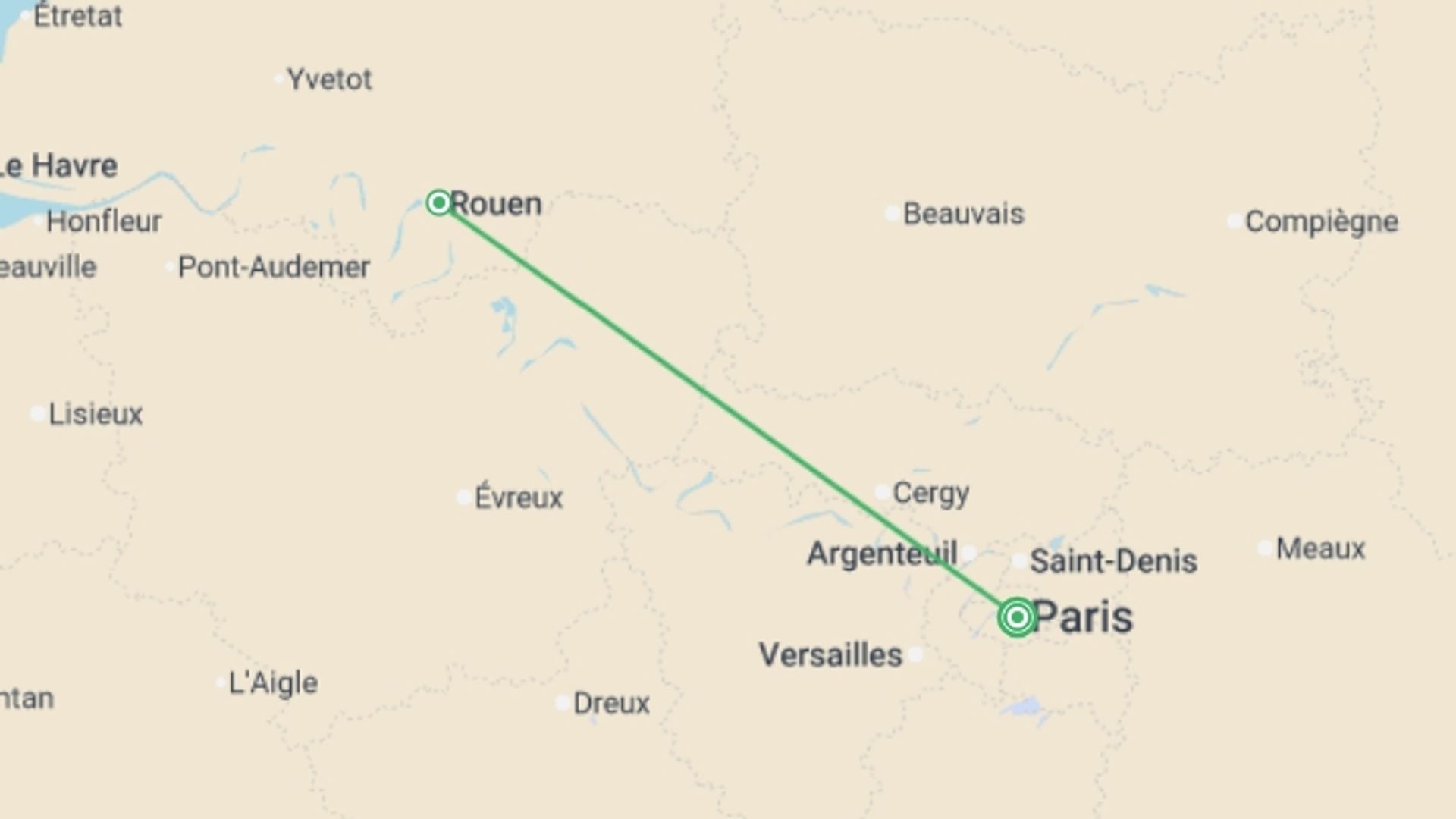 A map showing the tour itinerary for the trip: The Seine in Majesty Aboard a Paddle Wheel Boat (port-to-port cruise), starting in Paris, France and ending in Paris, France going through 1 other destinations.