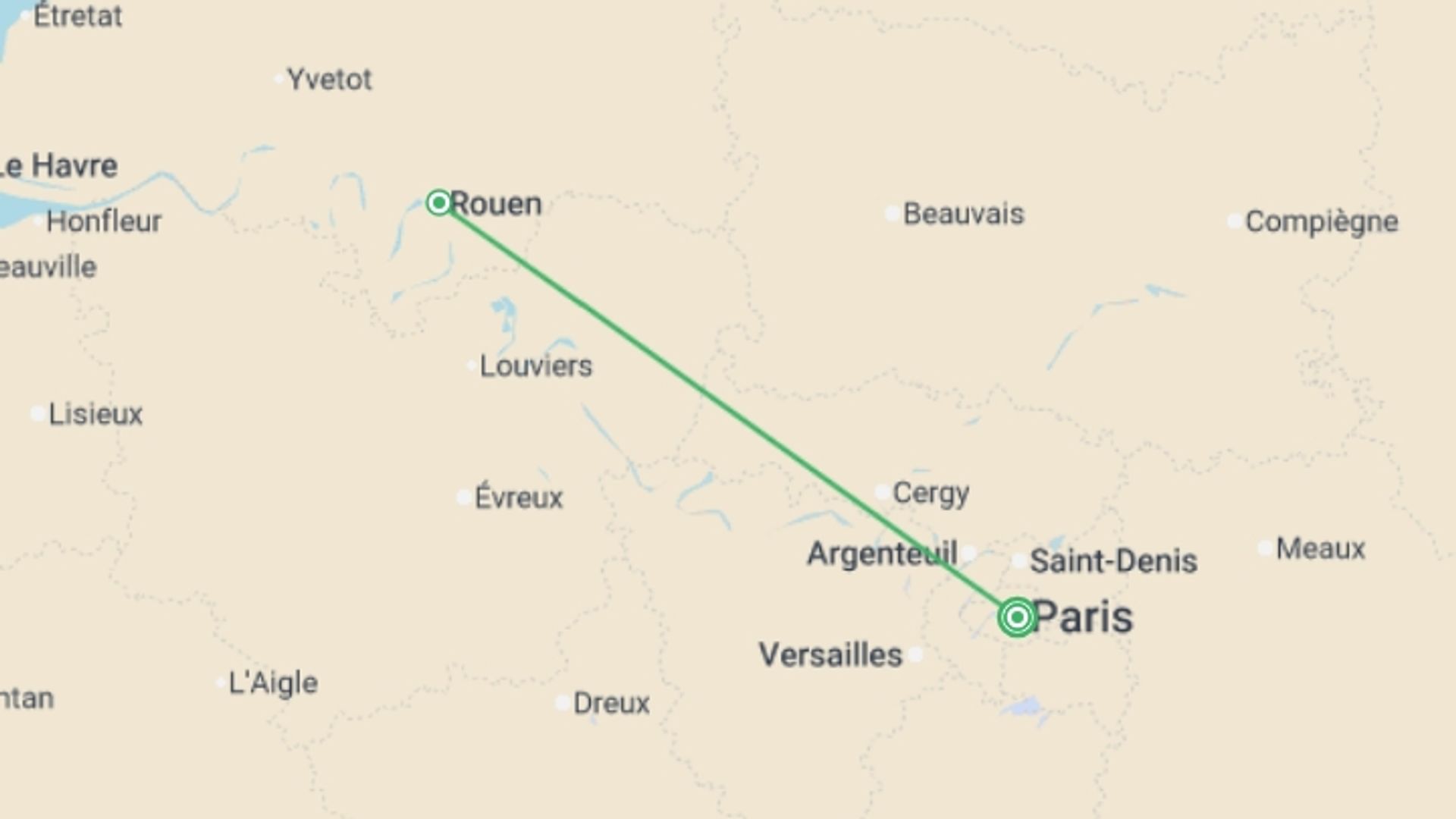 A map showing the tour itinerary for the trip: The Seine in Majesty Aboard a Paddle Wheel Boat (port-to-port cruise), starting in Paris, France and ending in Paris, France going through 1 other destinations.