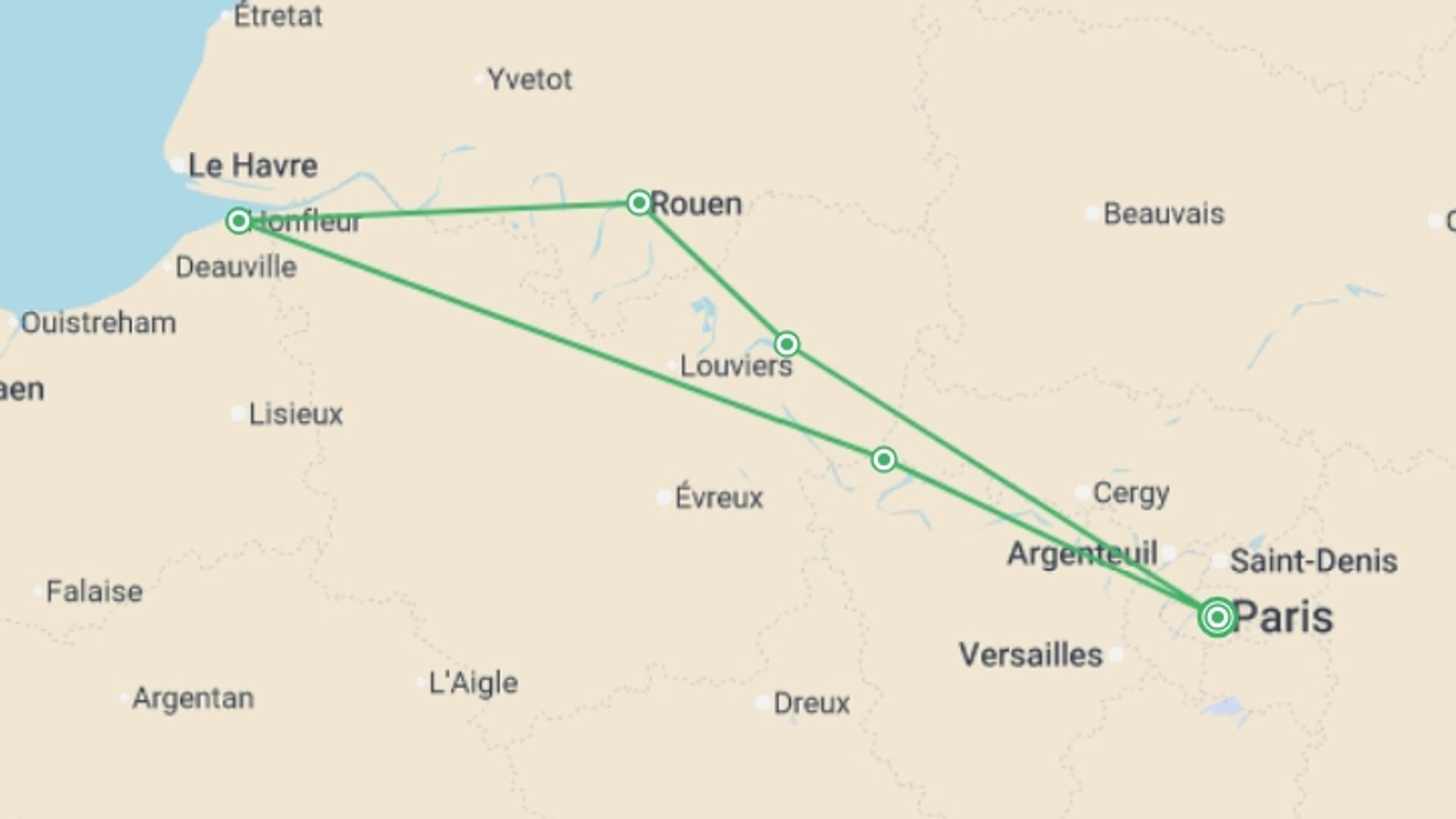 A map showing the tour itinerary for the trip: The Seine Valley (port-to-port cruise), starting in Paris, France and ending in Paris, France going through 2 other destinations.