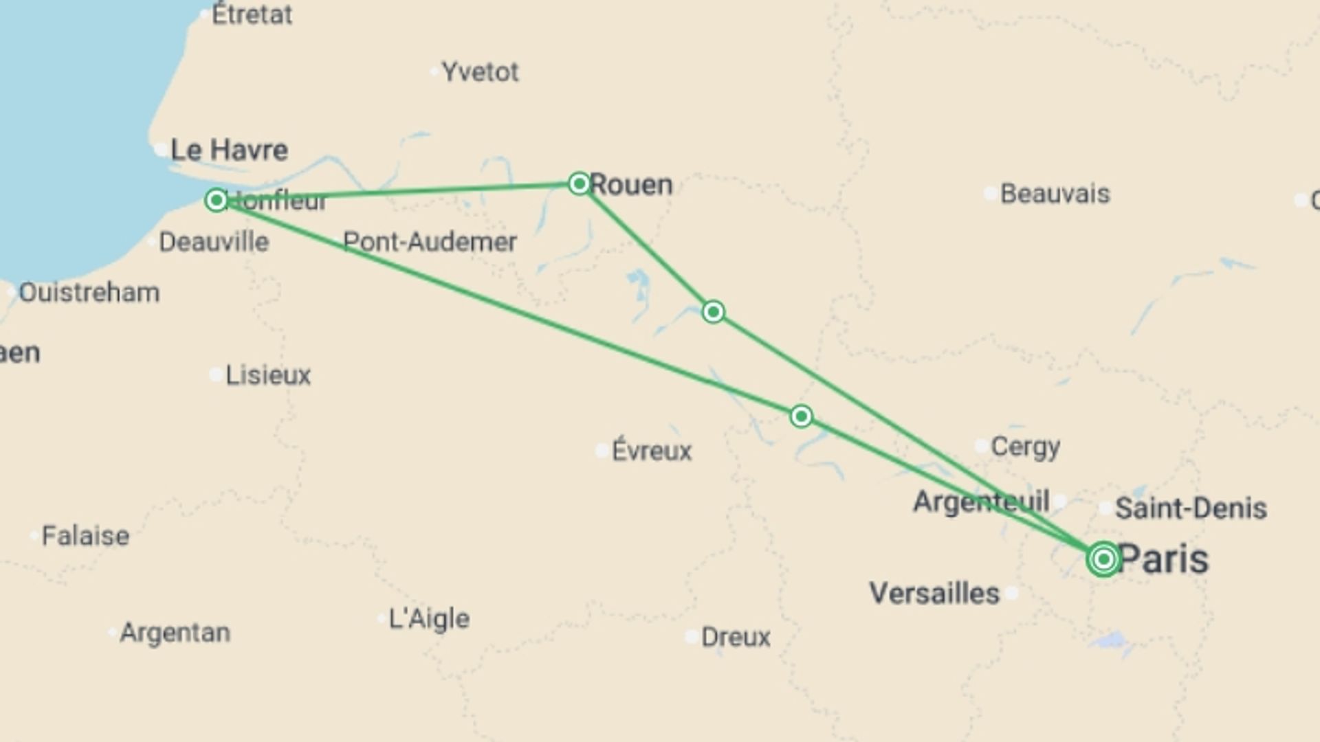 A map showing the tour itinerary for the trip: The Seine Valley (port-to-port cruise), starting in Paris, France and ending in Paris, France going through 2 other destinations.