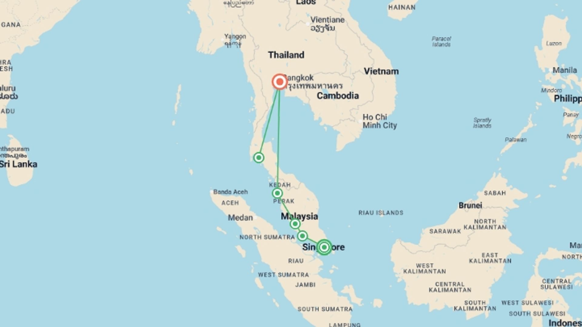 A map showing the tour itinerary for the trip: The Soul of Southeast Asia: Singapore, Malaysia & Thailand, starting in Singapore, Singapore and ending in Bangkok, Thailand going through 5 other destinations.