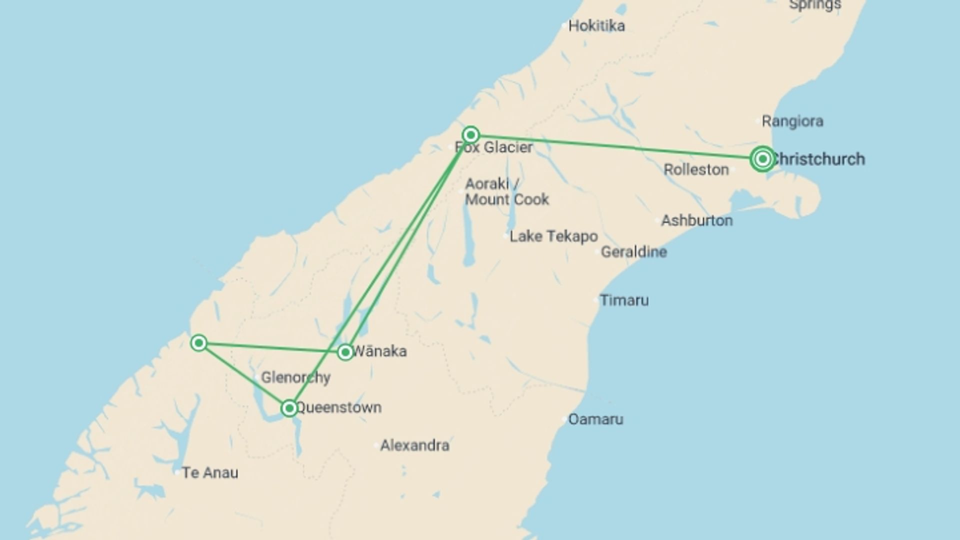 A map showing the tour itinerary for the trip: The Southern Drift, starting in Christchurch, New Zealand and ending in Christchurch, New Zealand going through 5 other destinations.