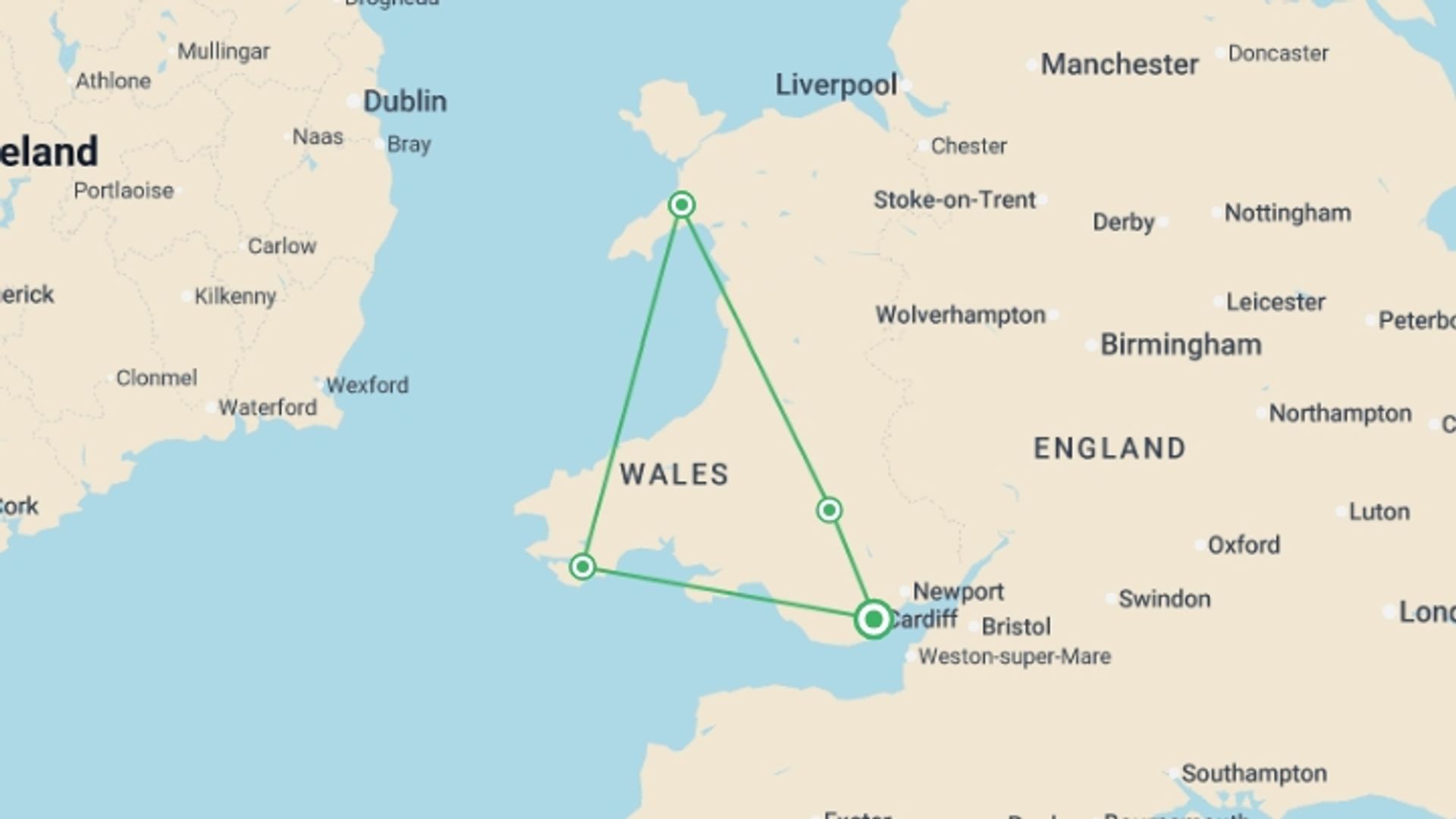 A map showing the tour itinerary for the trip: The Wonders of Wales, starting in Cardiff, Wales and ending in Cardiff, Wales going through 2 other destinations.