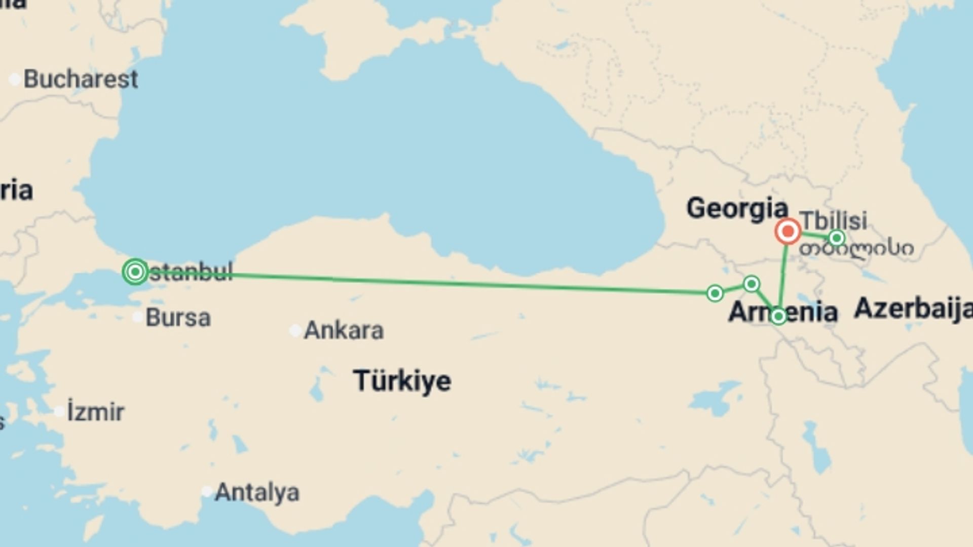 A map showing the tour itinerary for the trip: Three Nations One Journey, starting in Istanbul, Turkey and ending in Tbilisi, Georgia going through 4 other destinations.