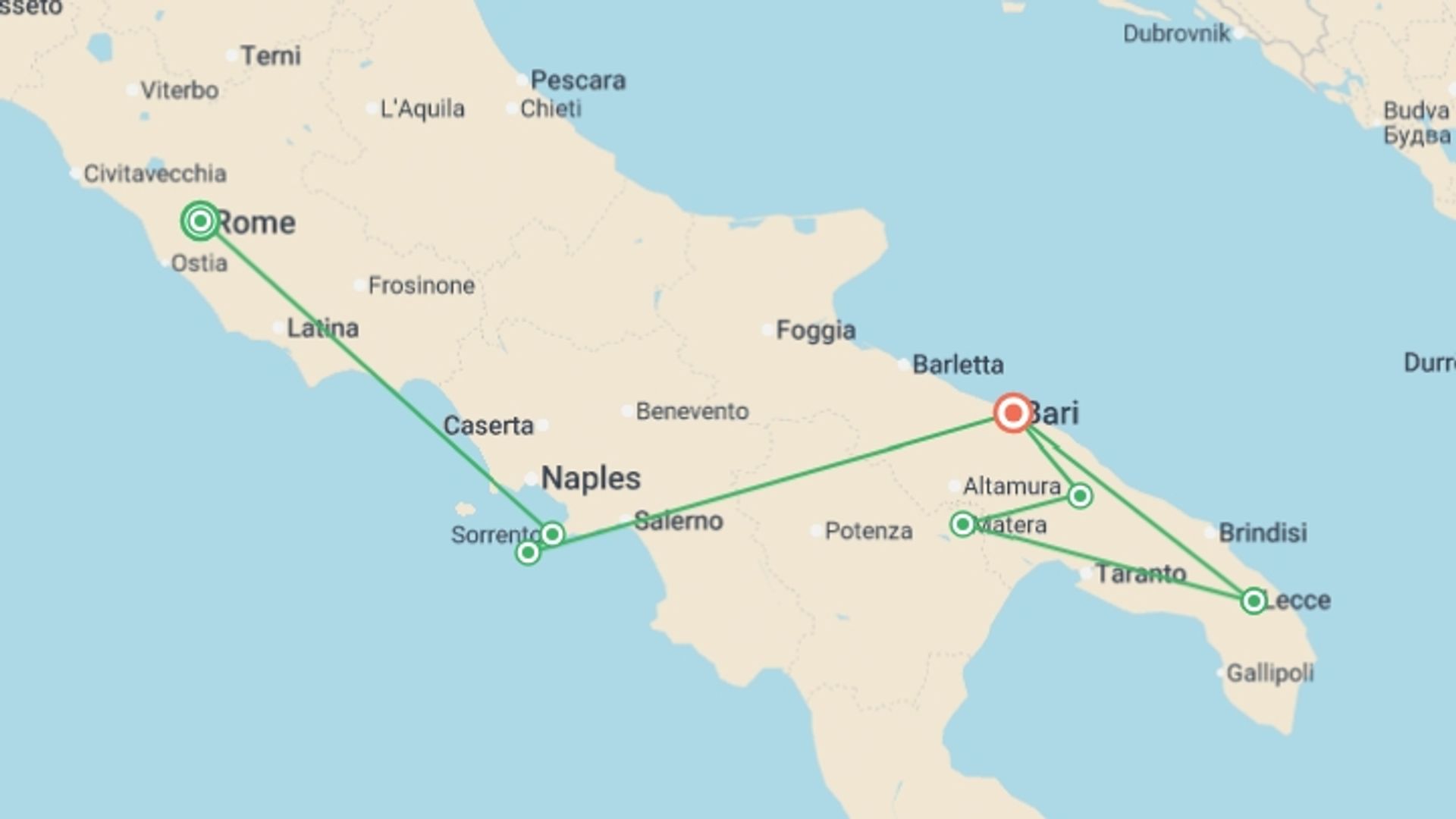 A map showing the tour itinerary for the trip: Timeless Southern Italy: Rome, Sorrento & Puglia, starting in Rome, Italy and ending in Bari, Italy going through 6 other destinations.