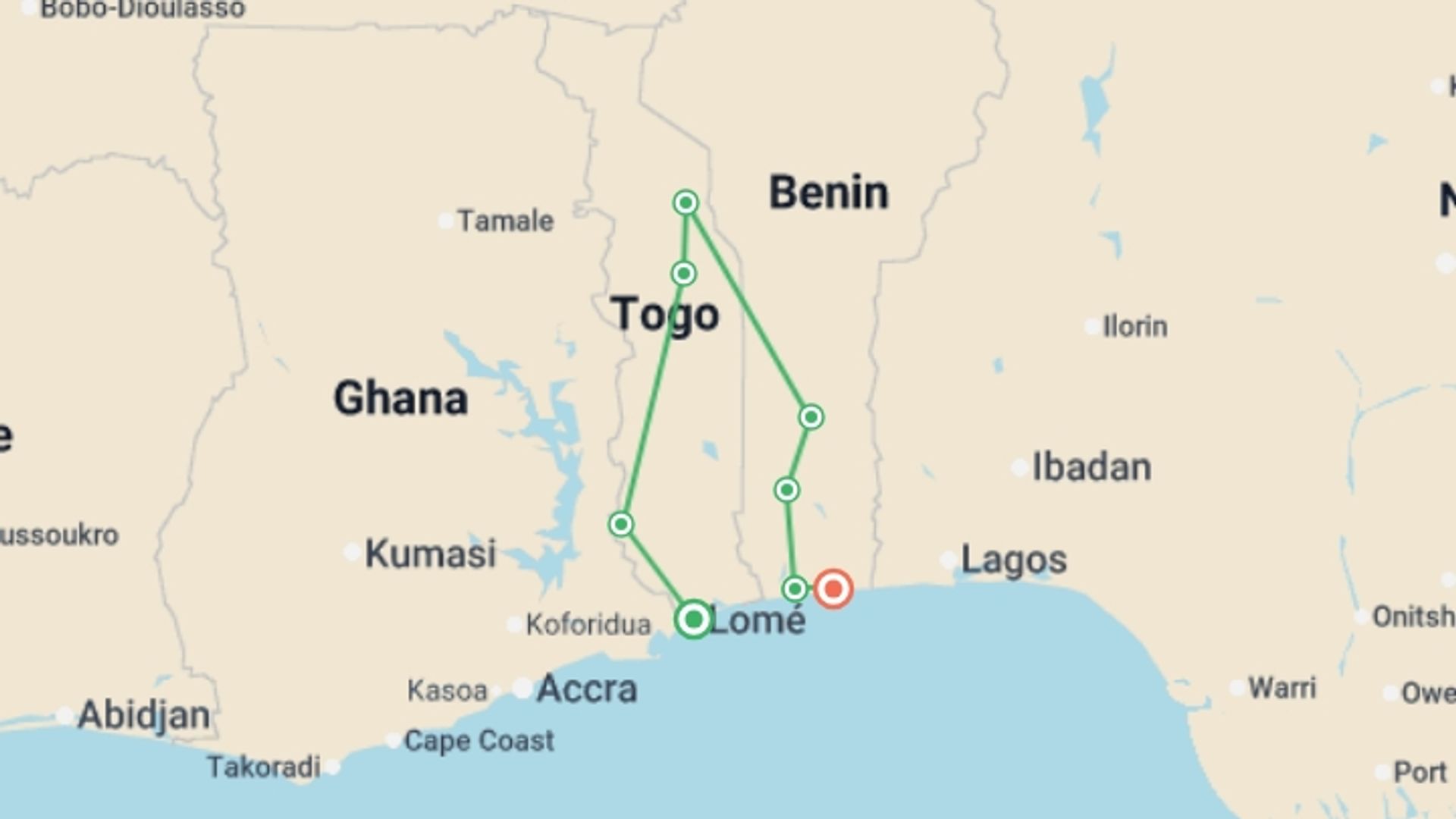 A map showing the tour itinerary for the trip: Togo and Benin: Local Markets, Koutammakou and Voodoo Traditions, starting in Lomé, Togo and ending in Cotonou, Benin going through 3 other destinations.
