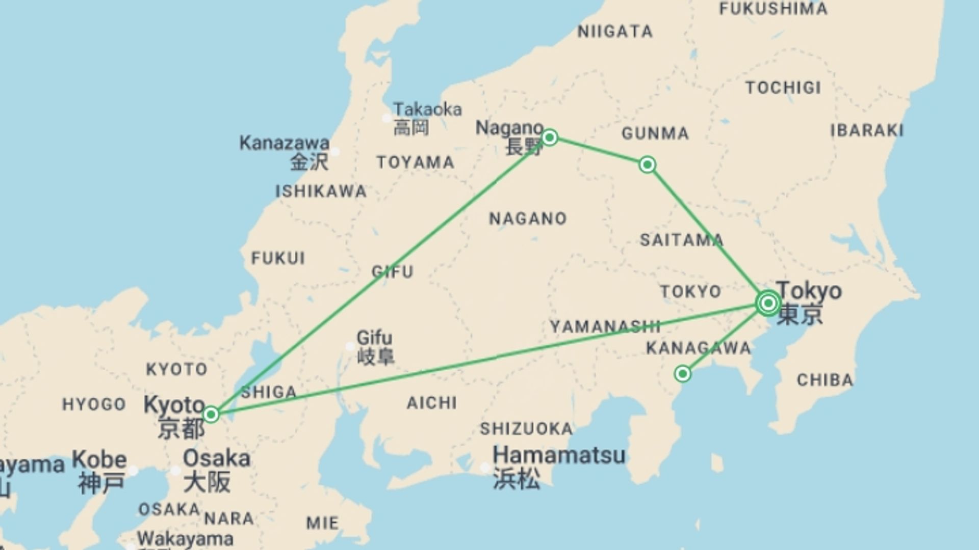 A map showing the tour itinerary for the trip: Tokyo, Kyoto, Alps and Fuji, starting in Tokyo, Japan and ending in Tokyo, Japan going through 2 other destinations.