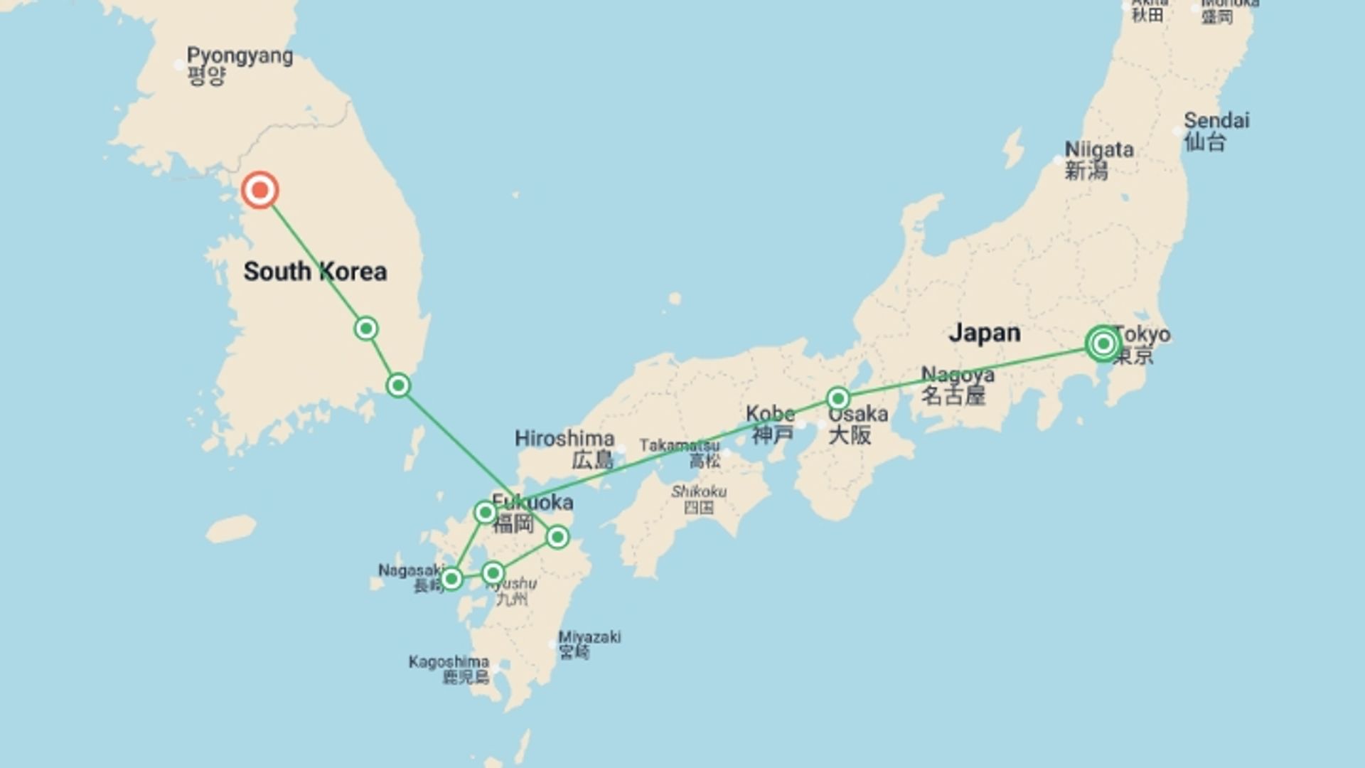 A map showing the tour itinerary for the trip: Tokyo, Kyoto, Kyushu Island and Essential Korea, starting in Tokyo, Japan and ending in Seoul, South Korea going through 7 other destinations.