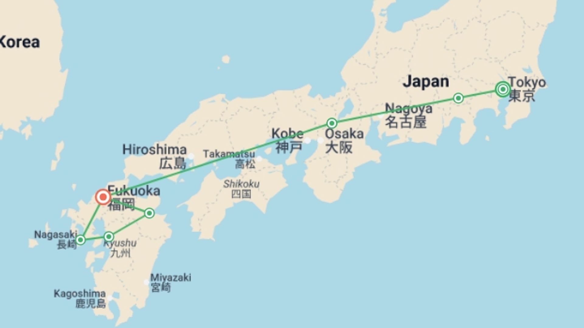 A map showing the tour itinerary for the trip: Tokyo, Mount Fuji, Kyoto and Treasures of Kyushu, starting in Tokyo, Japan and ending in Fukuoka going through 5 other destinations.