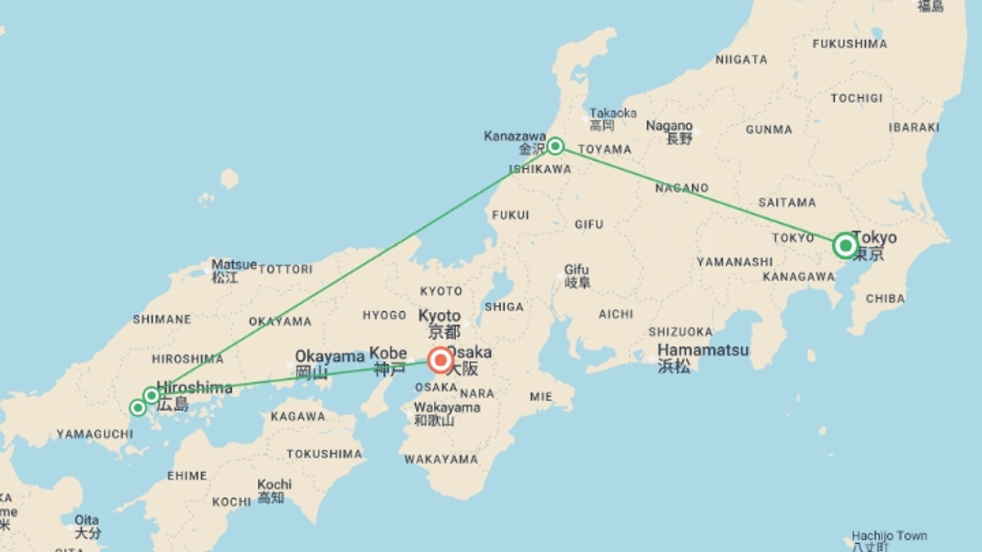 A map showing the tour itinerary for the trip: Tokyo to Osaka: Neon-lit Cities & Tranquil Countryside, starting in Tokyo, Japan and ending in Osaka, Japan going through 5 other destinations.