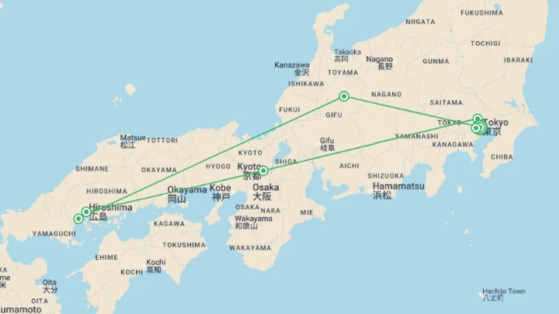 A map showing the tour itinerary for the trip: Tokyo to Takayama - 13 days, starting in Tokyo, Japan and ending in Tokyo, Japan going through 5 other destinations.