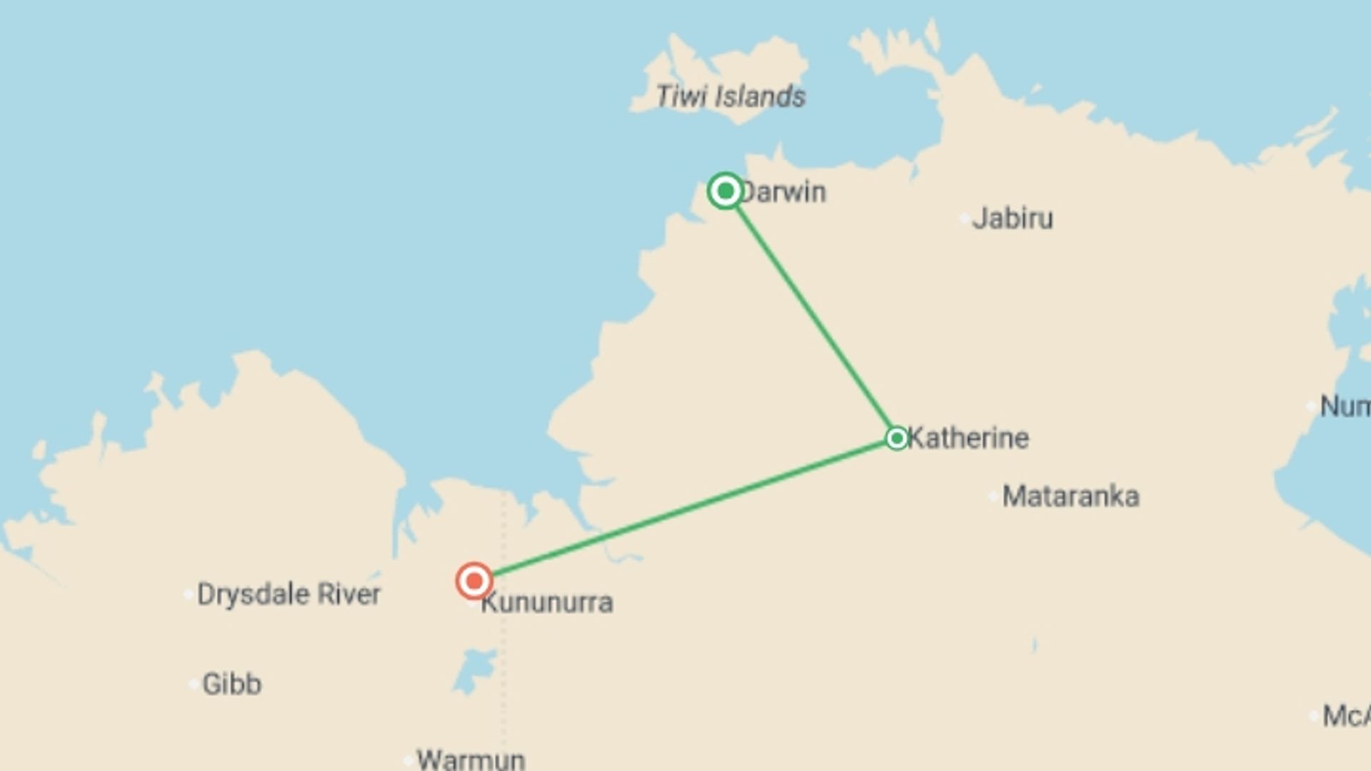 A map showing the tour itinerary for the trip: Top End to Kimberley Adventure, starting in Darwin, Australia and ending in Australia going through 2 other destinations.