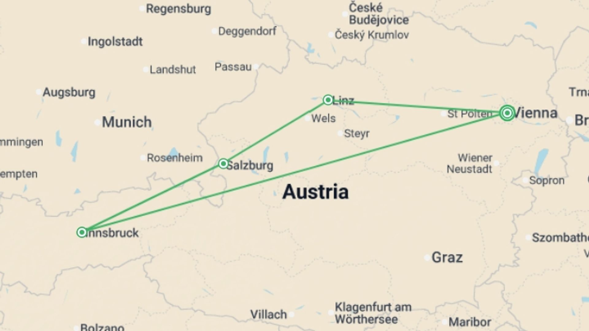 A map showing the tour itinerary for the trip: Total Austria, starting in Vienna, Austria and ending in Vienna, Austria going through 4 other destinations.