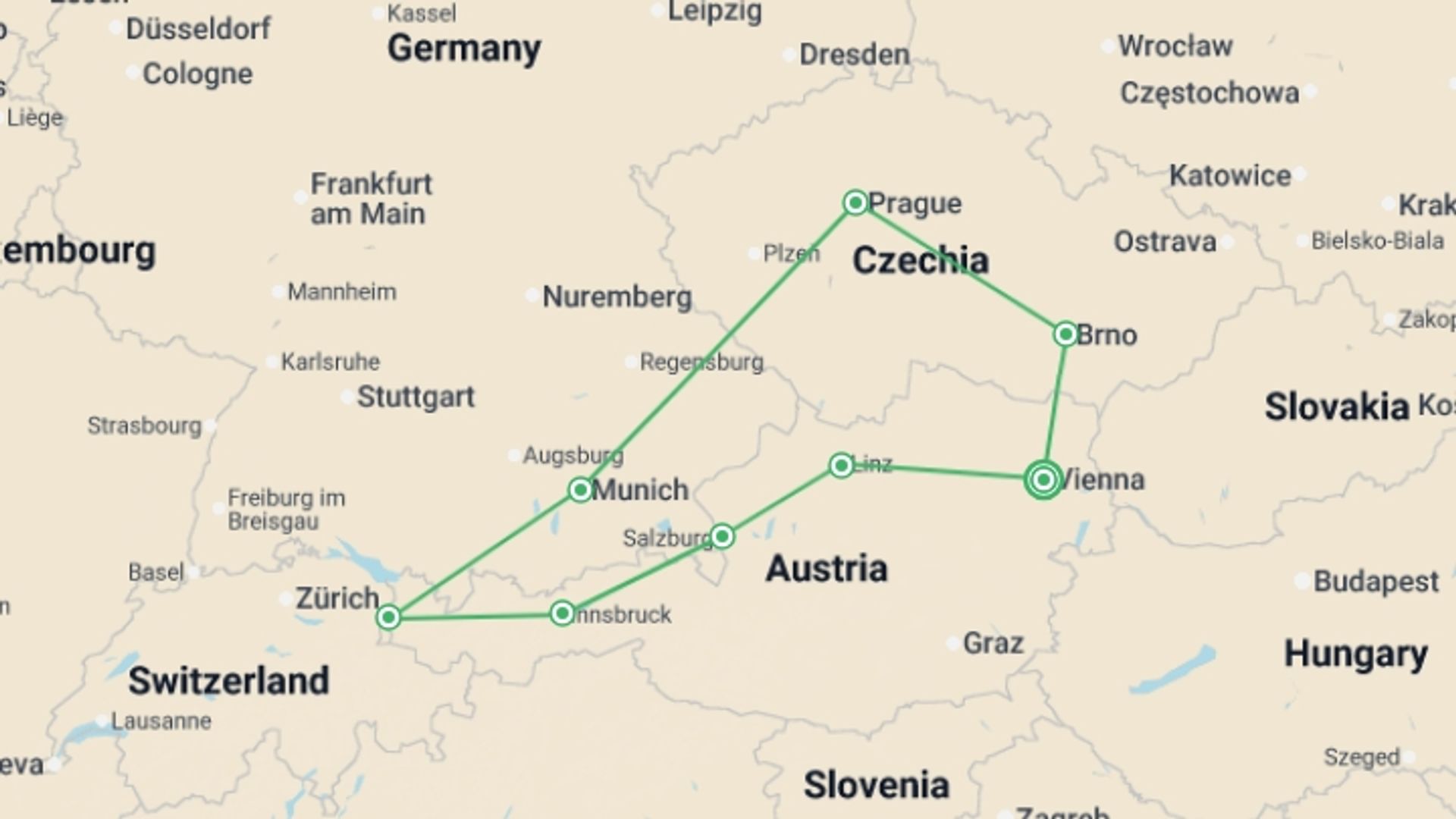 A map showing the tour itinerary for the trip: Total Austria, Bavaria and Czechia, starting in Vienna, Austria and ending in Vienna, Austria going through 6 other destinations.