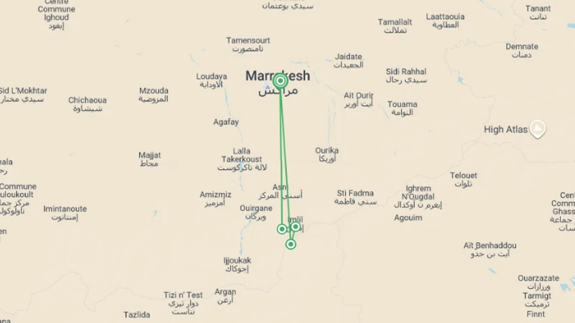 A map showing the tour itinerary for the trip: Toubkal Climb, starting in Marrakech, Morocco and ending in Marrakech, Morocco going through 1 other destinations.