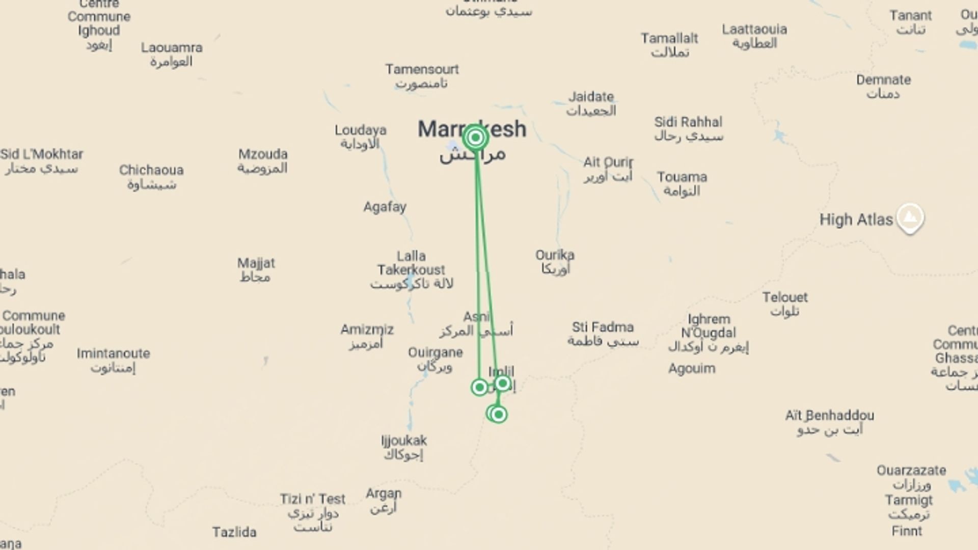 A map showing the tour itinerary for the trip: Toubkal Climb, starting in Marrakech, Morocco and ending in Marrakech, Morocco going through 1 other destinations.