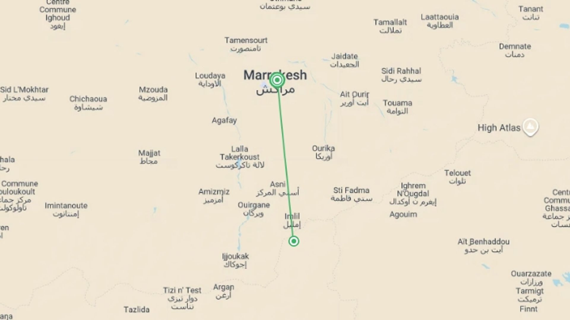 A map showing the tour itinerary for the trip: Toubkal Climb - Long Weekend, starting in Marrakech, Morocco and ending in Marrakech, Morocco going through 2 other destinations.