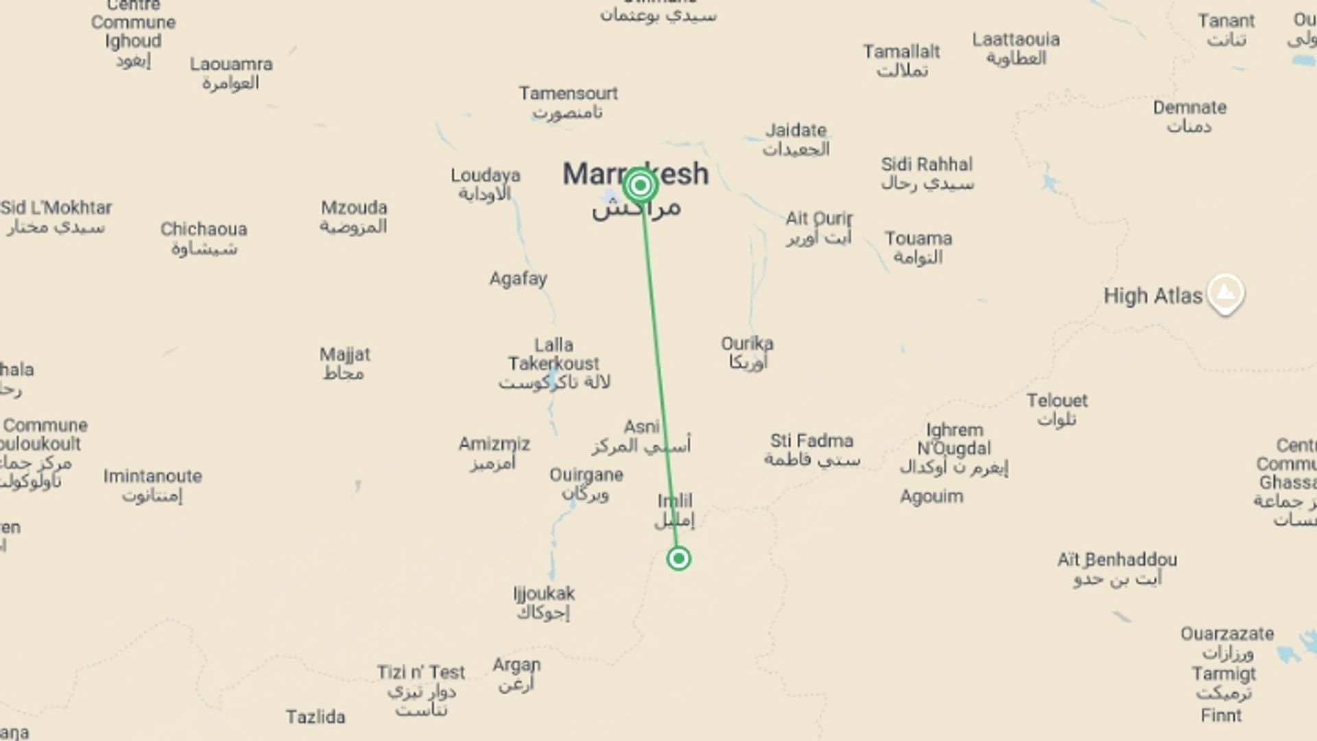 A map showing the tour itinerary for the trip: Toubkal Climb - Long Weekend, starting in Marrakech, Morocco and ending in Marrakech, Morocco going through 2 other destinations.