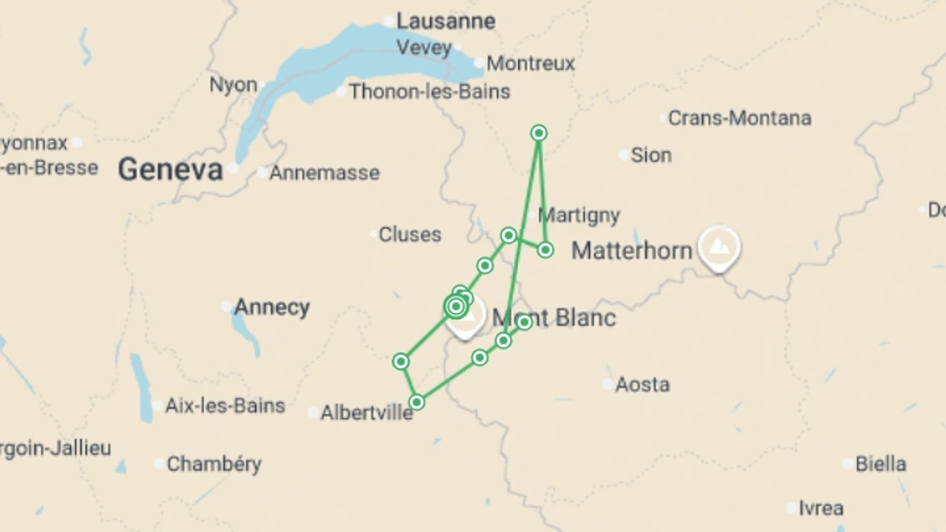A map showing the tour itinerary for the trip: Tour du Mont Blanc Camping Trek, starting in Mont Blanc, France and ending in Mont Blanc, France going through 5 other destinations.