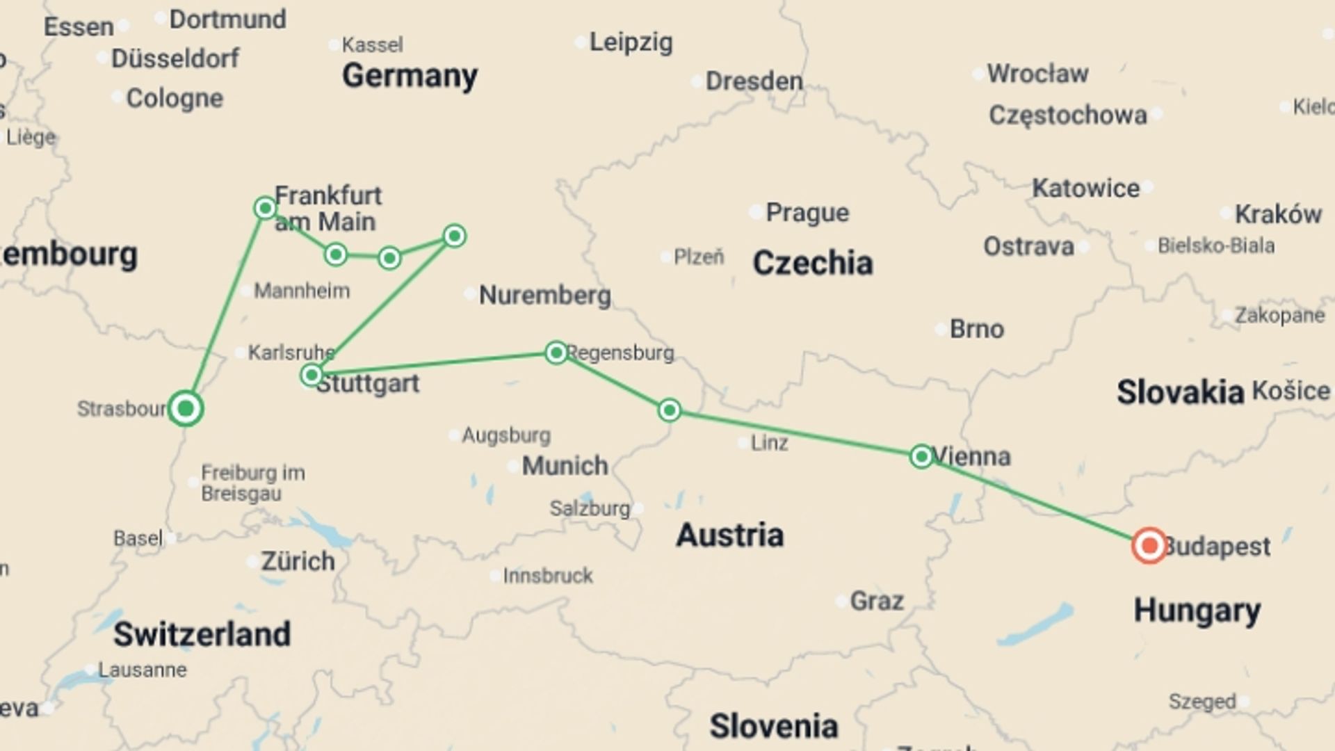 A map showing the tour itinerary for the trip: Trans-European cruise from Strasbourg to Budapest (port-to-port cruise), starting in Strasbourg, France and ending in Budapest, Hungary going through 7 other destinations.