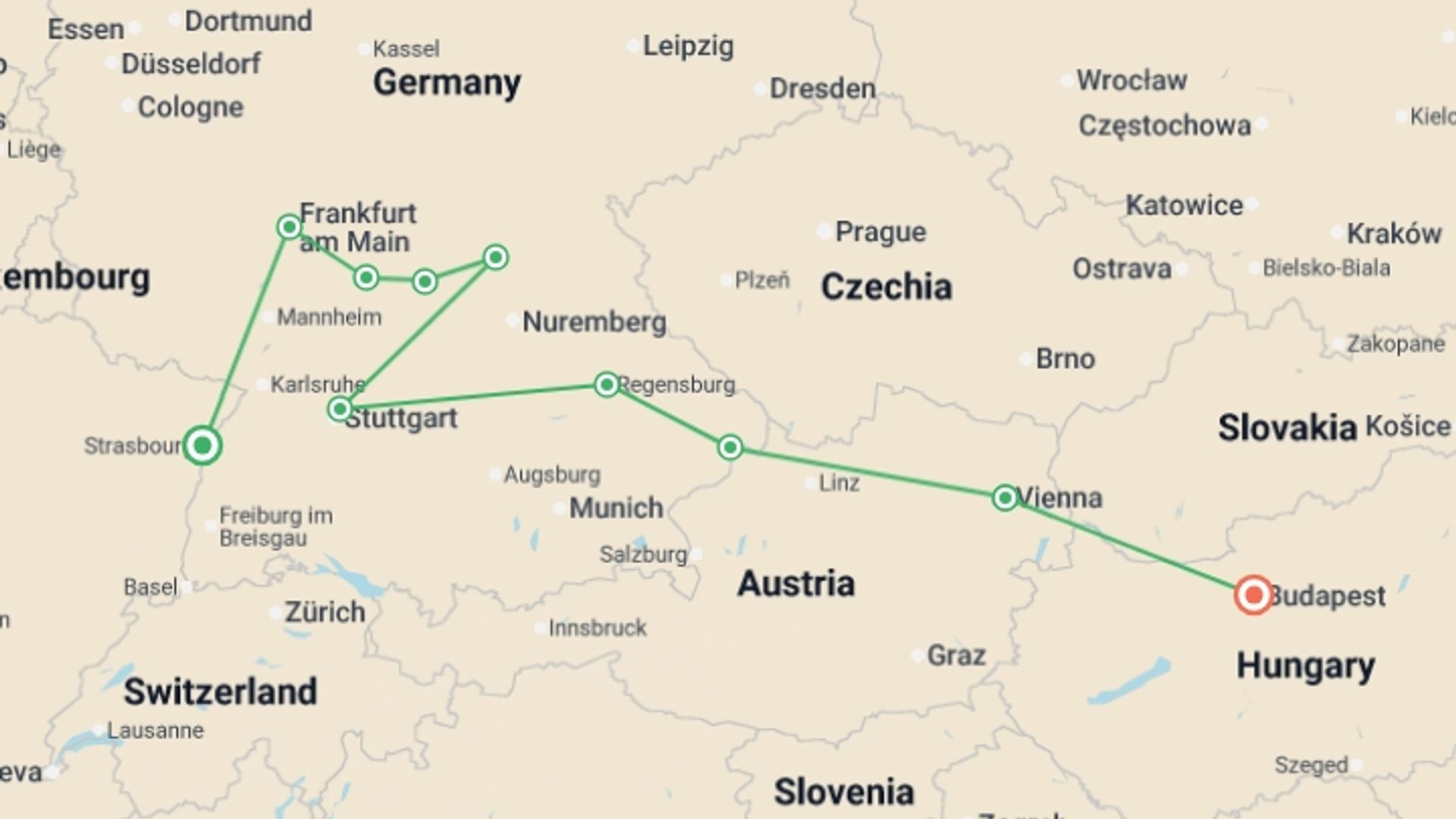 A map showing the tour itinerary for the trip: Trans-European cruise from Strasbourg to Budapest (port-to-port cruise), starting in Strasbourg, France and ending in Budapest, Hungary going through 7 other destinations.