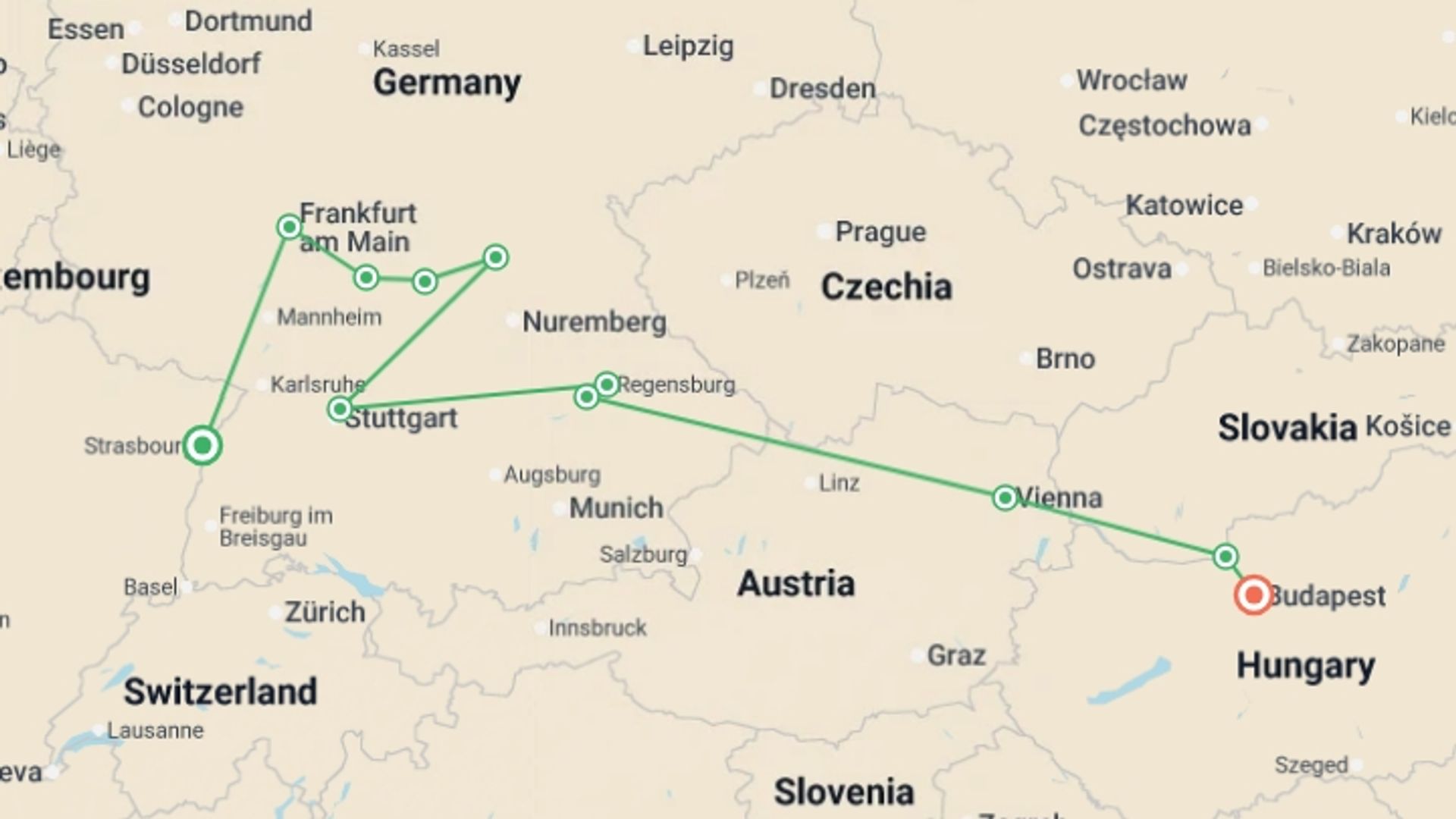 A map showing the tour itinerary for the trip: Trans-European cruise from Strasbourg to Budapest (port-to-port cruise), starting in Strasbourg, France and ending in Budapest, Hungary going through 7 other destinations.