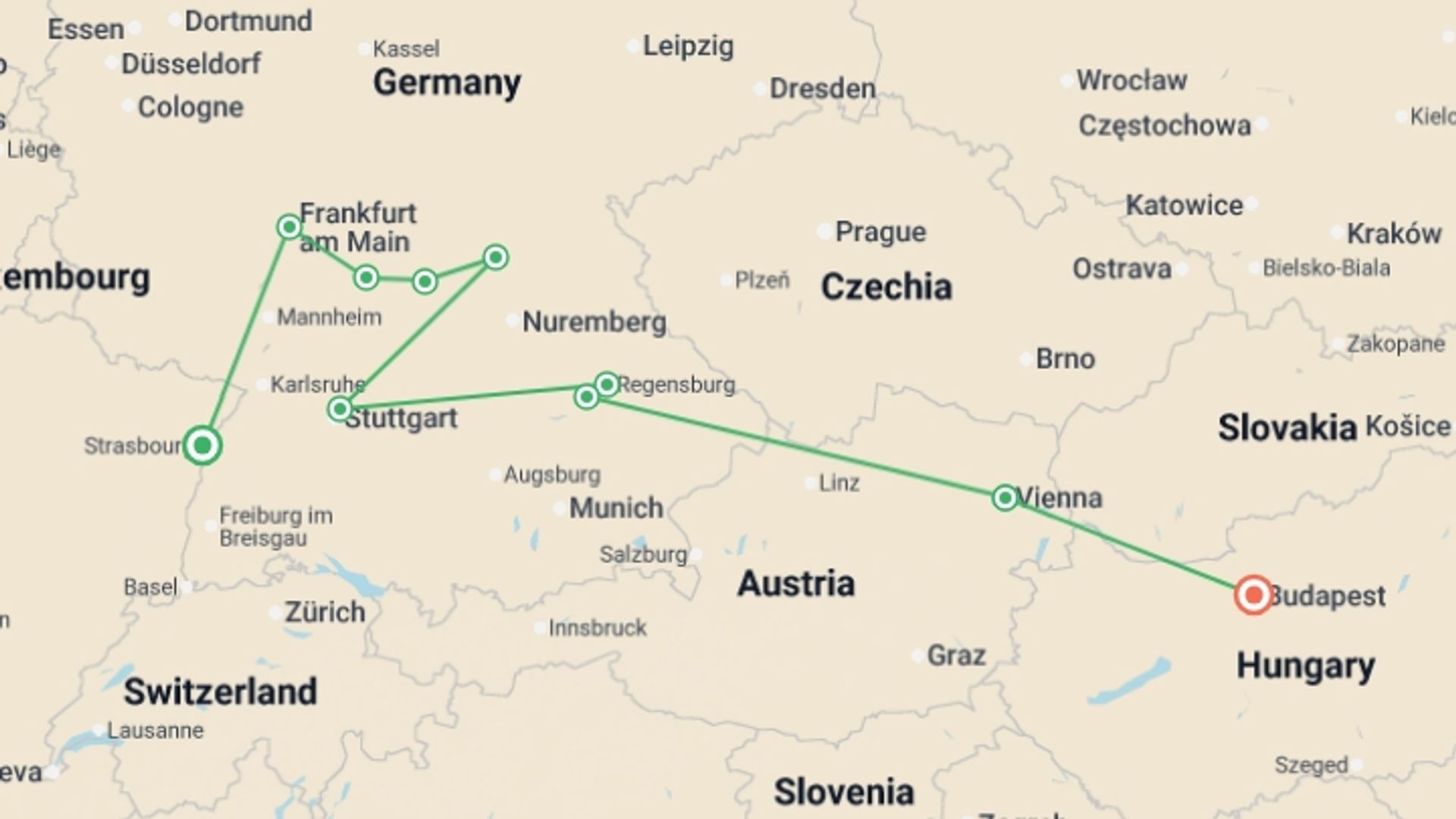 A map showing the tour itinerary for the trip: Trans-European cruise from Strasbourg to Budapest (port-to-port cruise), starting in Strasbourg, France and ending in Budapest, Hungary going through 7 other destinations.