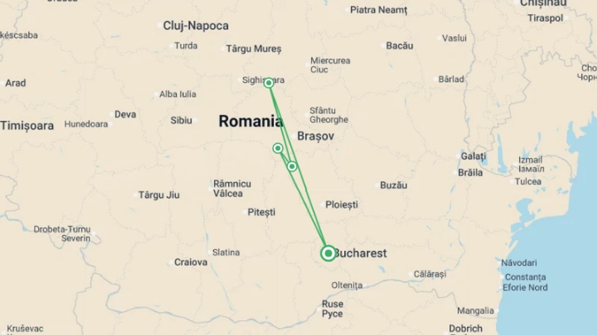 A map showing the tour itinerary for the trip: Transylvanian Long Weekend, starting in Bucharest, Romania and ending in Bucharest, Romania going through 3 other destinations.