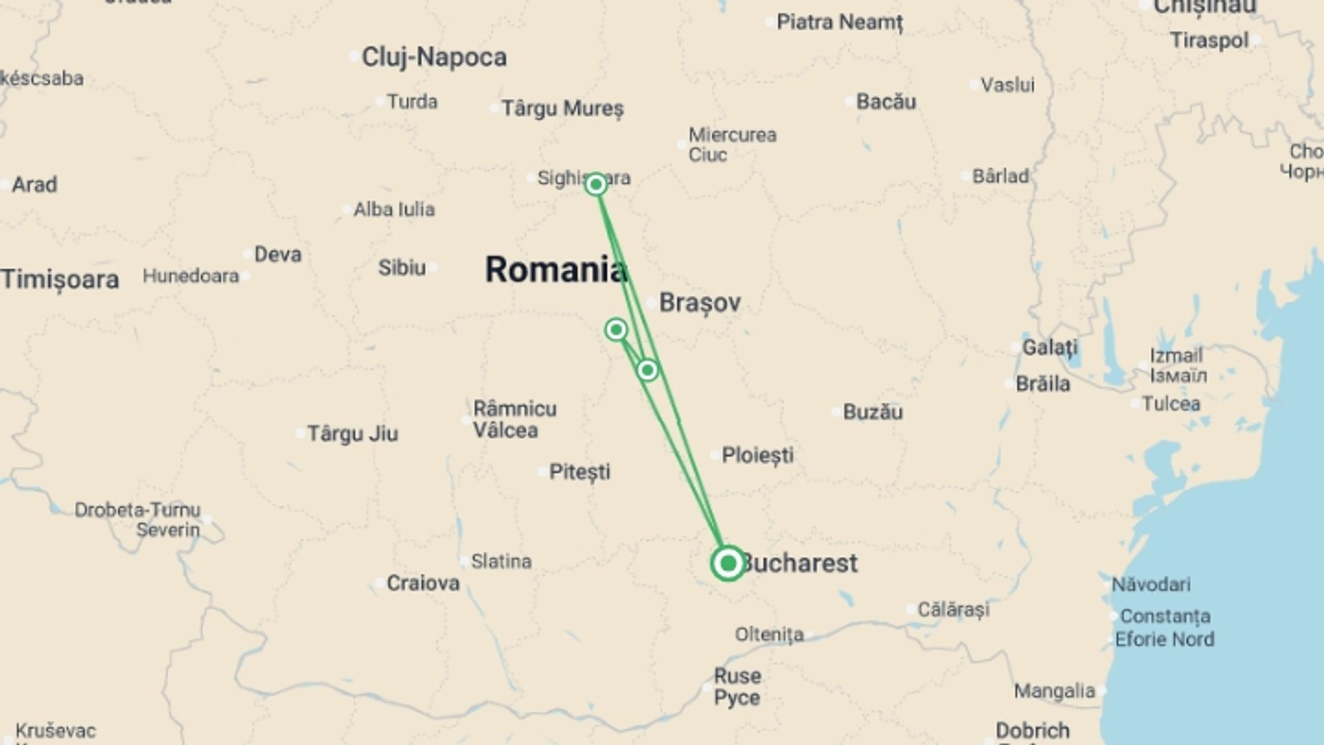 A map showing the tour itinerary for the trip: Transylvanian Long Weekend, starting in Bucharest, Romania and ending in Bucharest, Romania going through 3 other destinations.