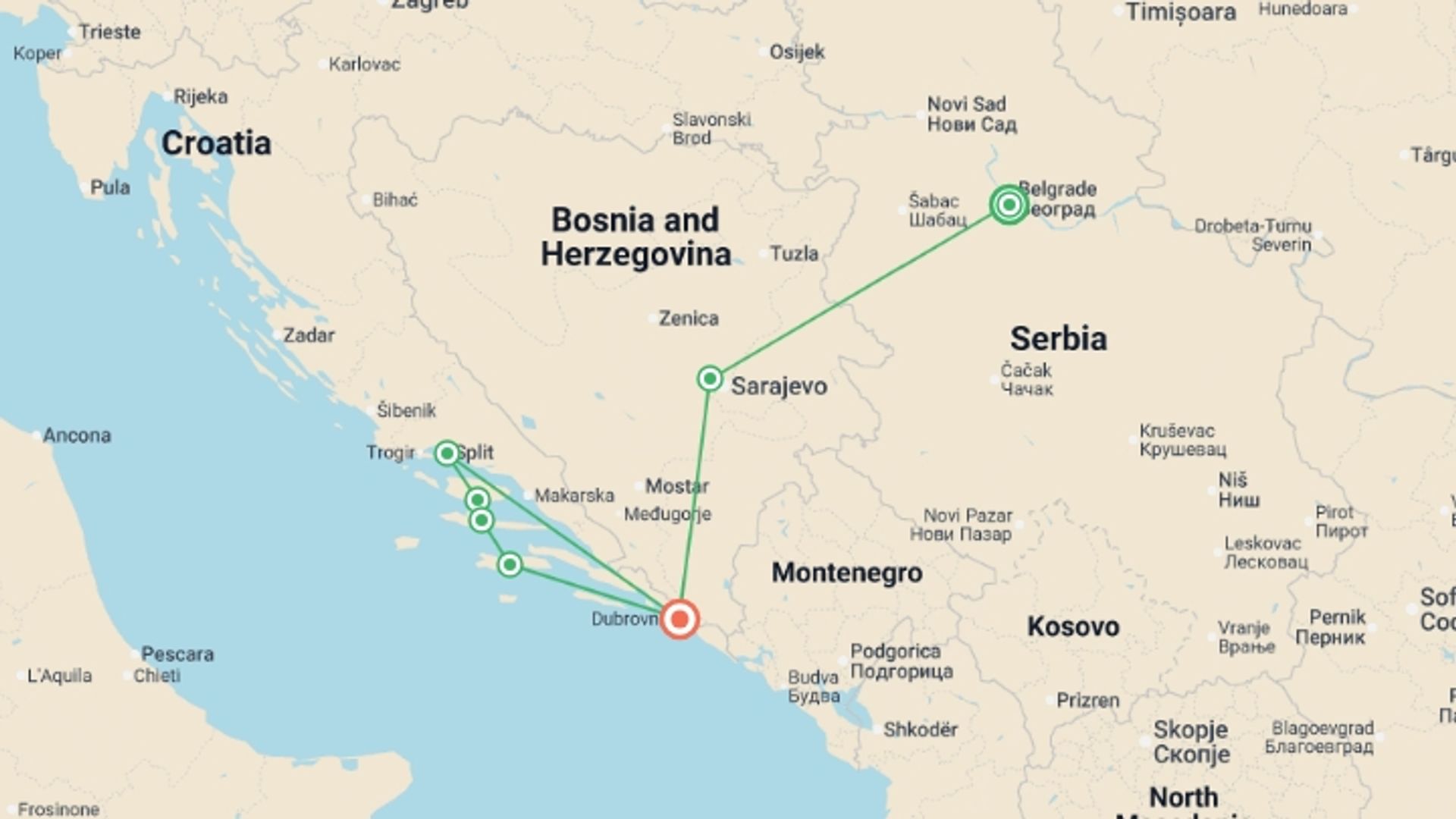 A map showing the tour itinerary for the trip: Traveling Through the Former Yugoslavia, starting in Belgrade, Serbia and ending in Dubrovnik, Croatia going through 5 other destinations.