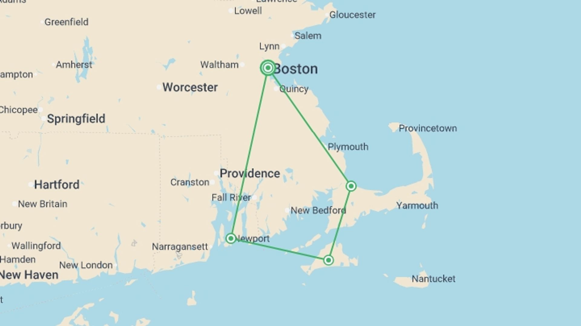A map showing the tour itinerary for the trip: Treasures of Cape Cod & the Islands, a Women-Only Tour, starting in Boston, USA and ending in Boston, USA going through 1 other destinations.