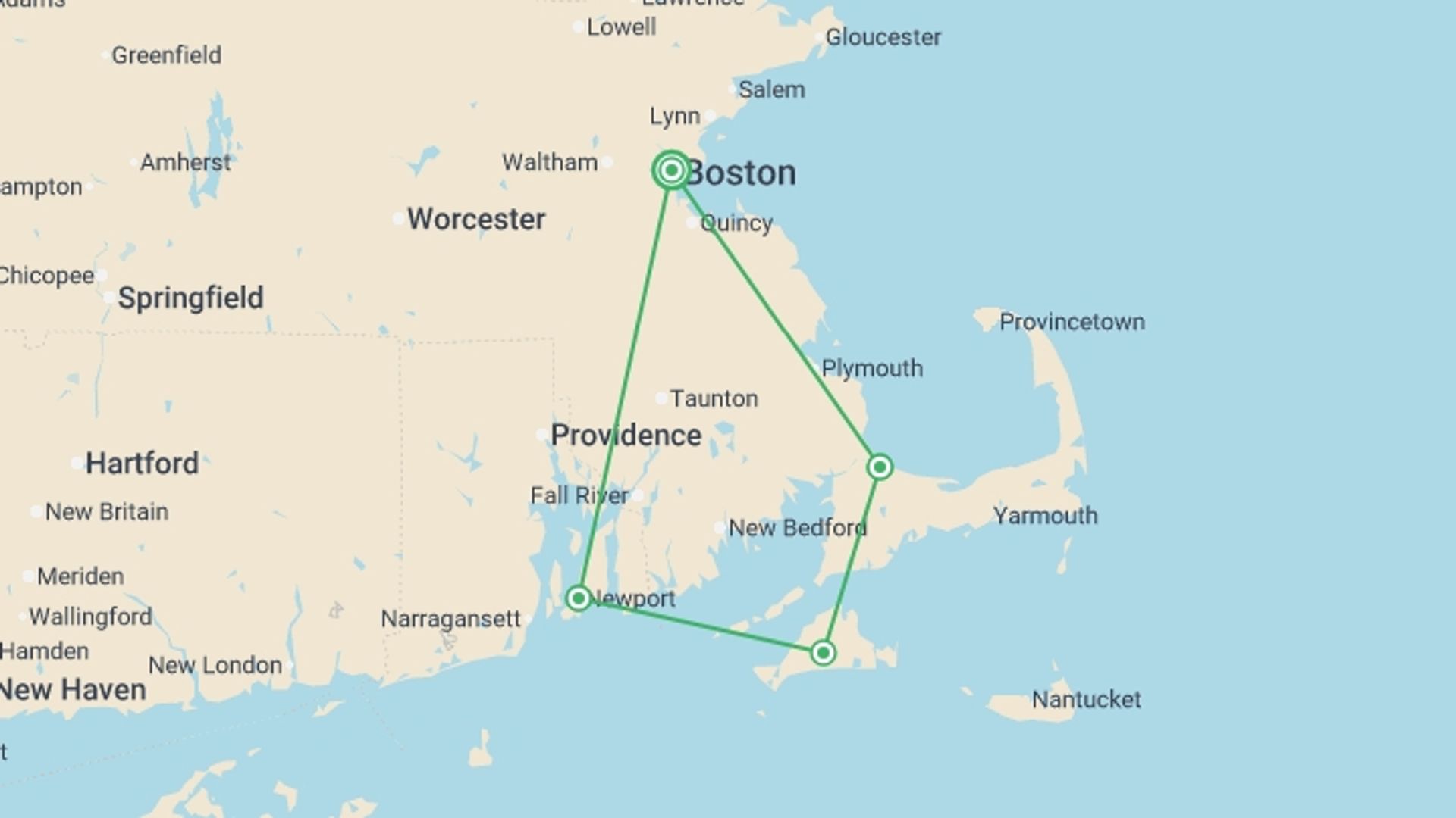 A map showing the tour itinerary for the trip: Treasures of Cape Cod & the Islands, a Women-Only Tour, starting in Boston, USA and ending in Boston, USA going through 1 other destinations.