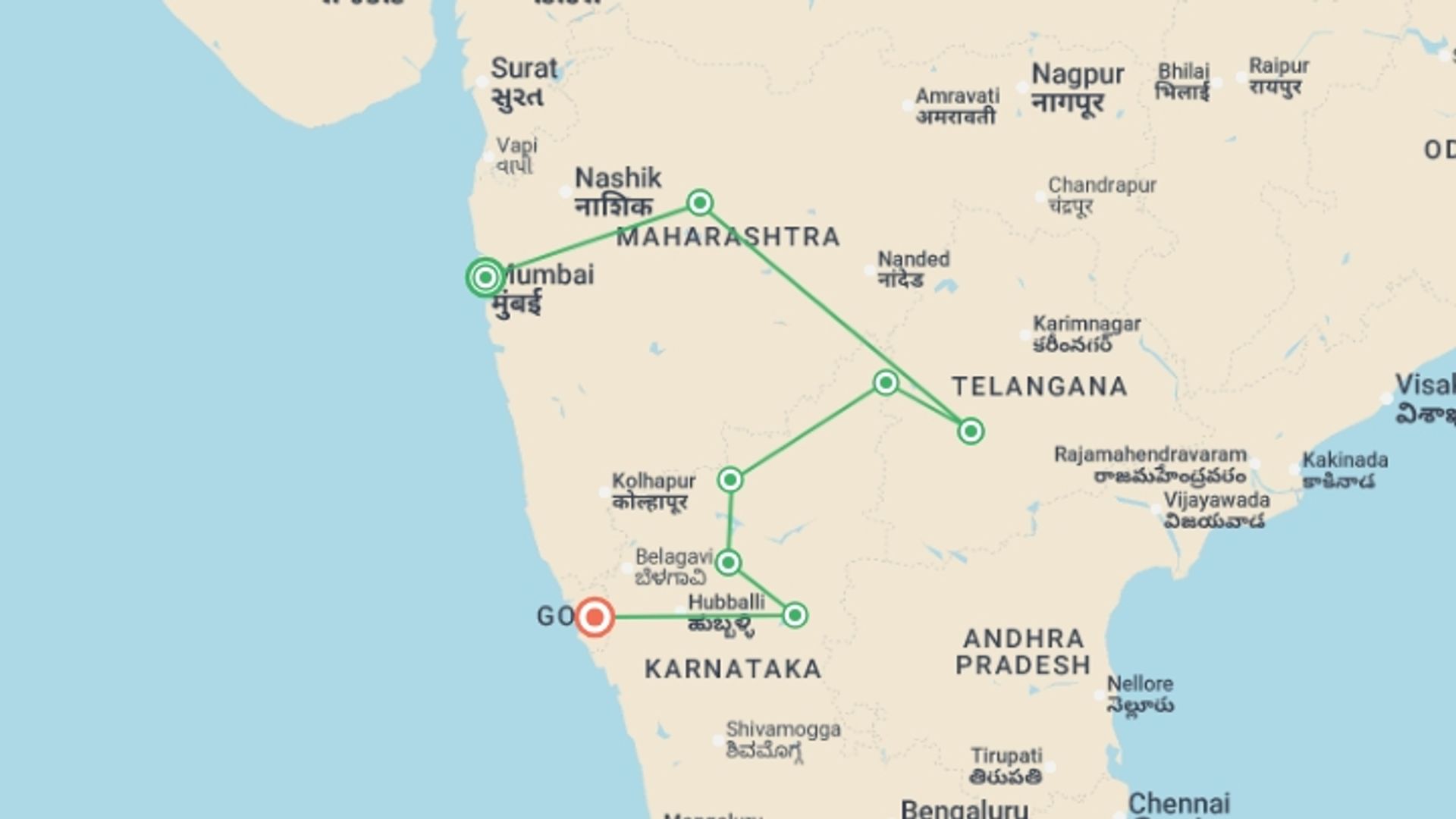 A map showing the tour itinerary for the trip: Treasures of Central India, starting in Mumbai, India and ending in Goa, India going through 3 other destinations.