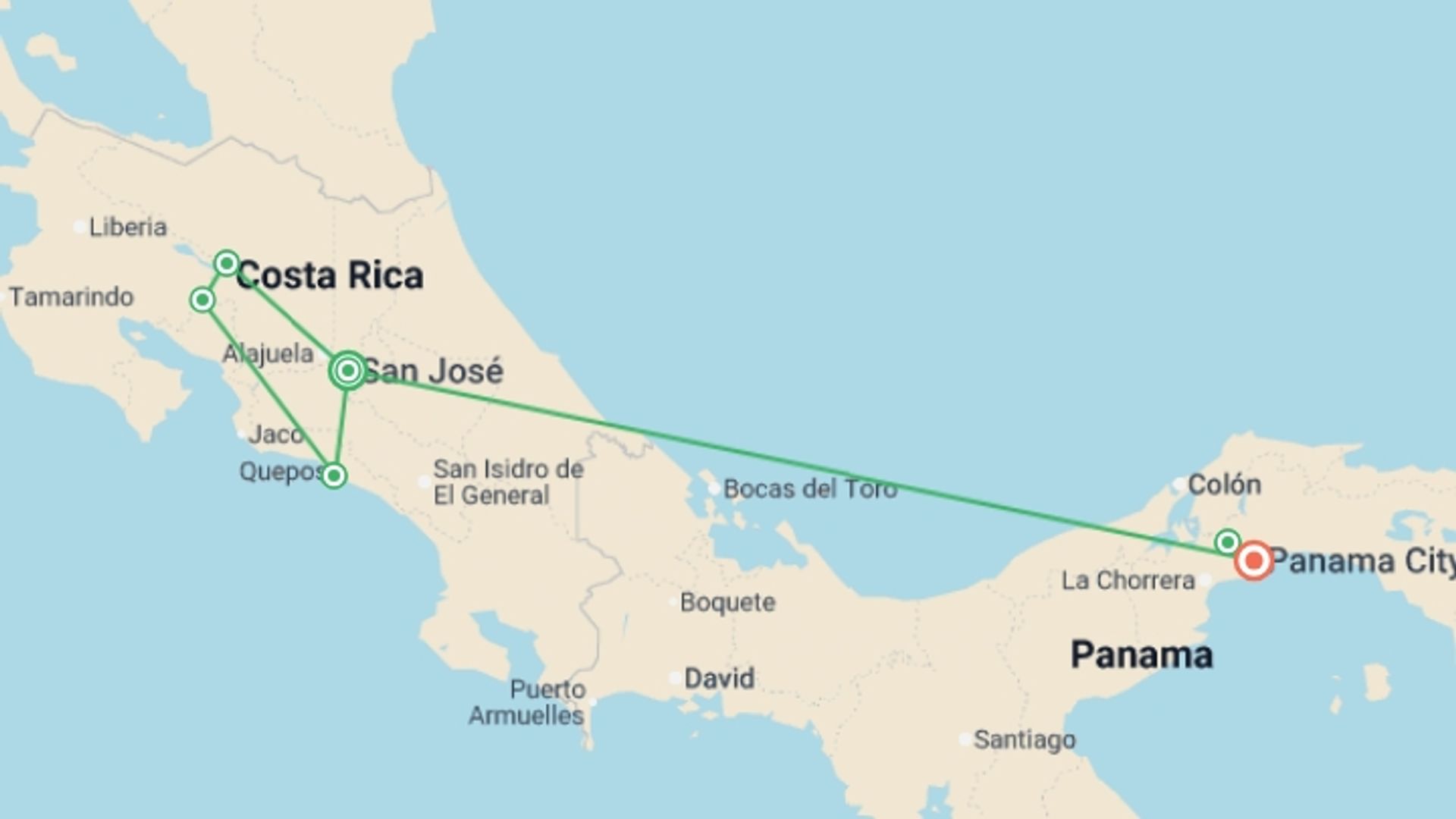 A map showing the tour itinerary for the trip: Treasures of Costa Rica and Panama, starting in San Jose, Costa Rica and ending in Panama City, Panama going through 2 other destinations.