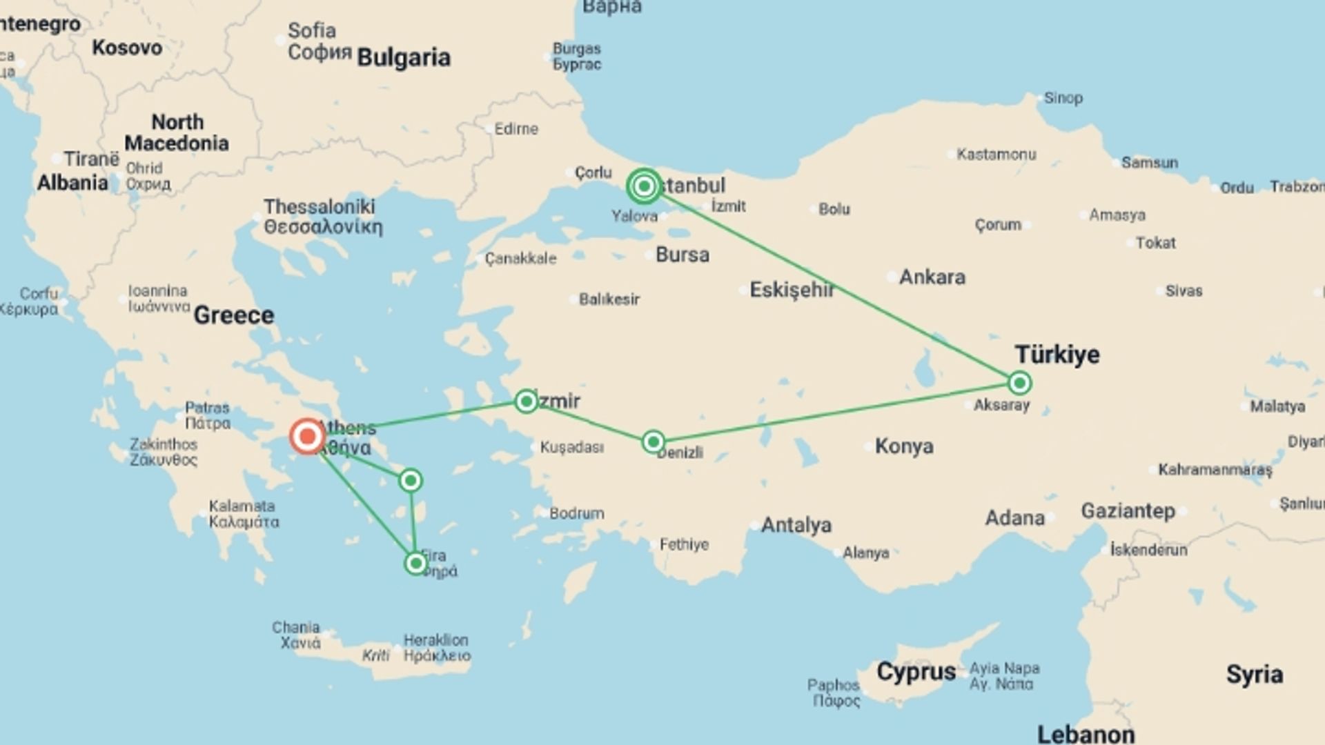 A map showing the tour itinerary for the trip: Treasures of Türkiye and Greece, starting in Istanbul, Turkey and ending in Athens, Greece going through 7 other destinations.