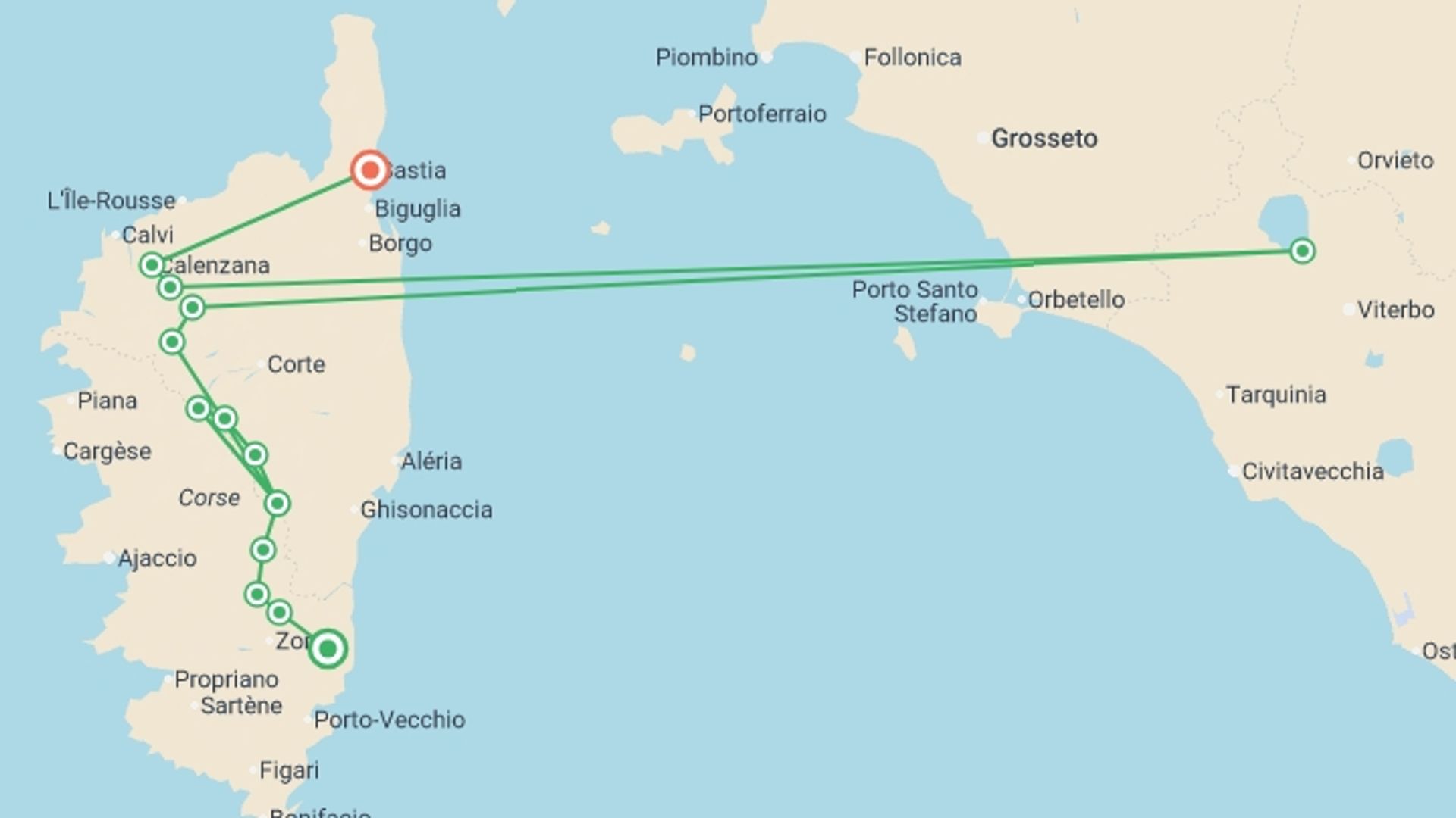 A map showing the tour itinerary for the trip: Trek the GR20 of Corsica, starting in Corsica, France and ending in Corsica, France going through 2 other destinations.