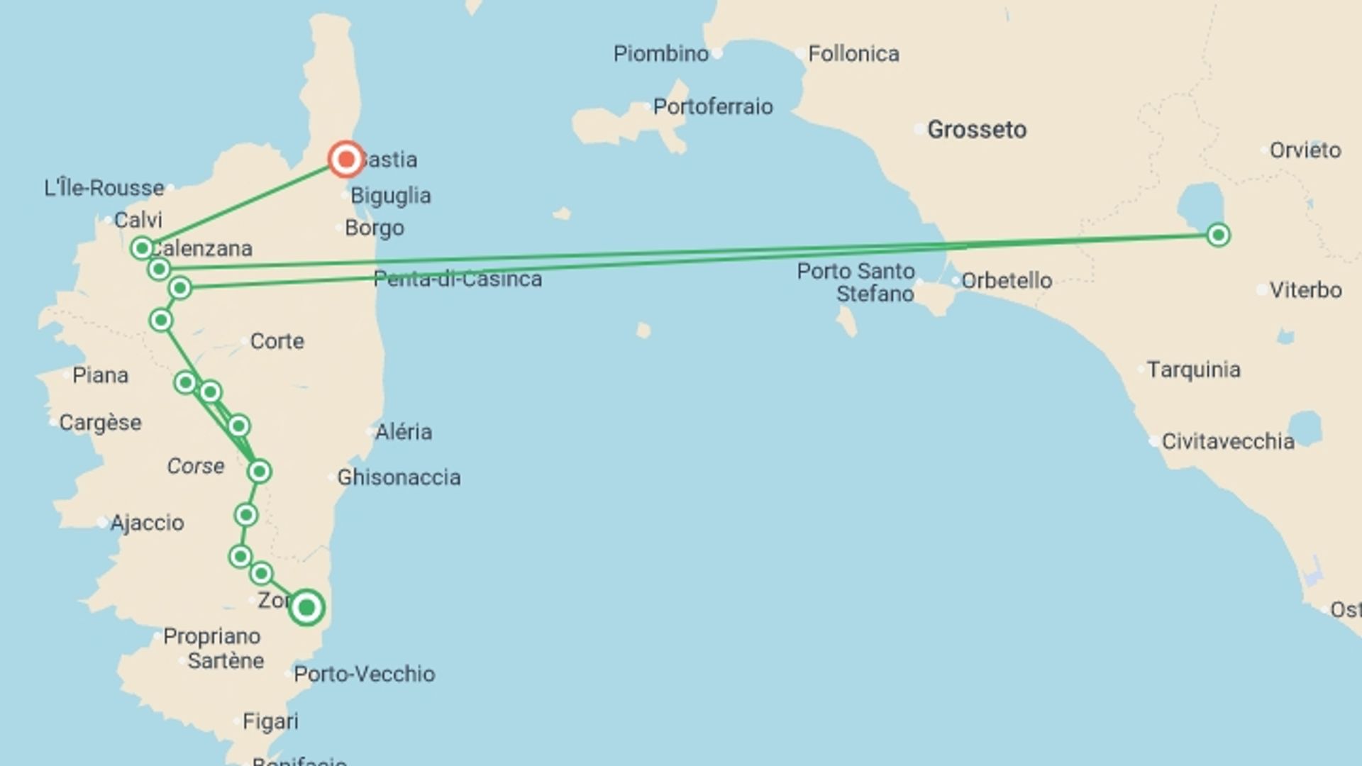 A map showing the tour itinerary for the trip: Trek the GR20 of Corsica, starting in Corsica, France and ending in Corsica, France going through 2 other destinations.