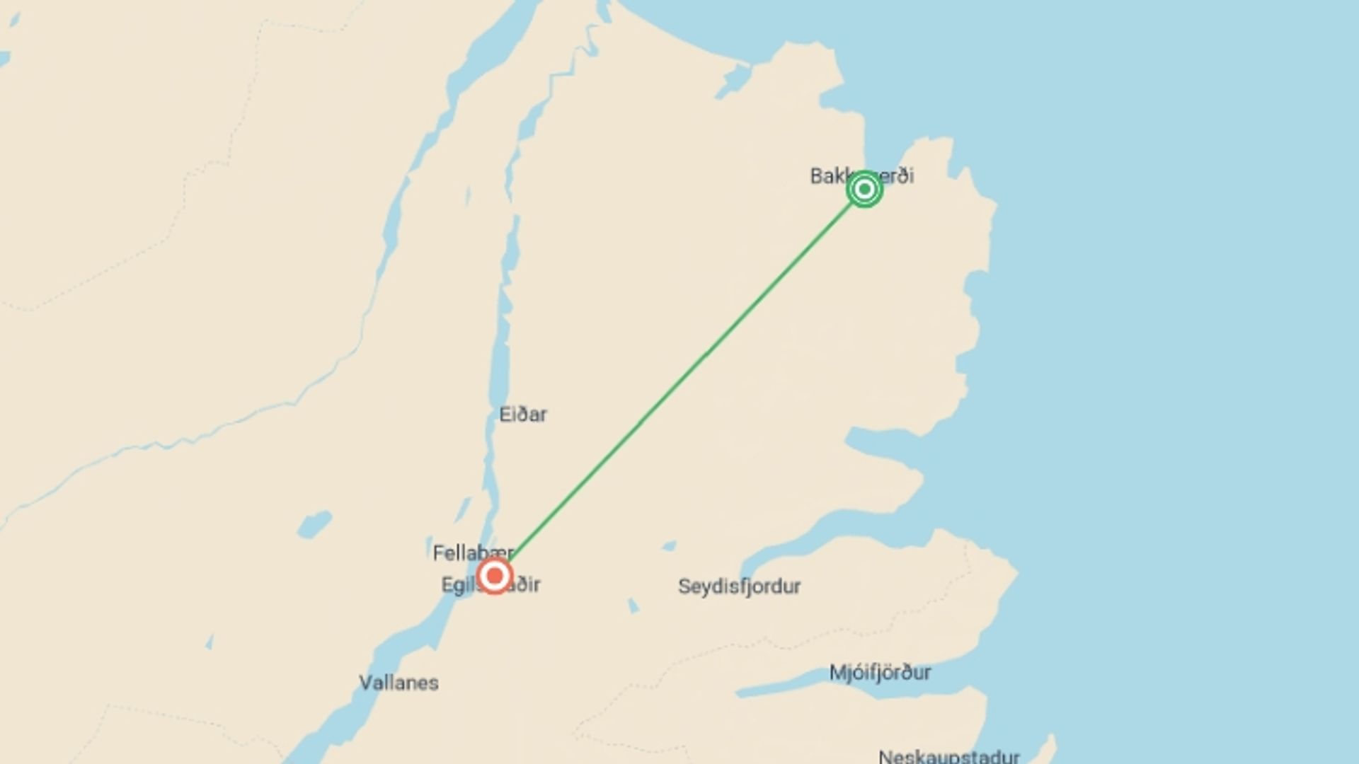 A map showing the tour itinerary for the trip: Trekking Eastern Iceland, starting in Iceland and ending in Iceland going through 1 other destinations.