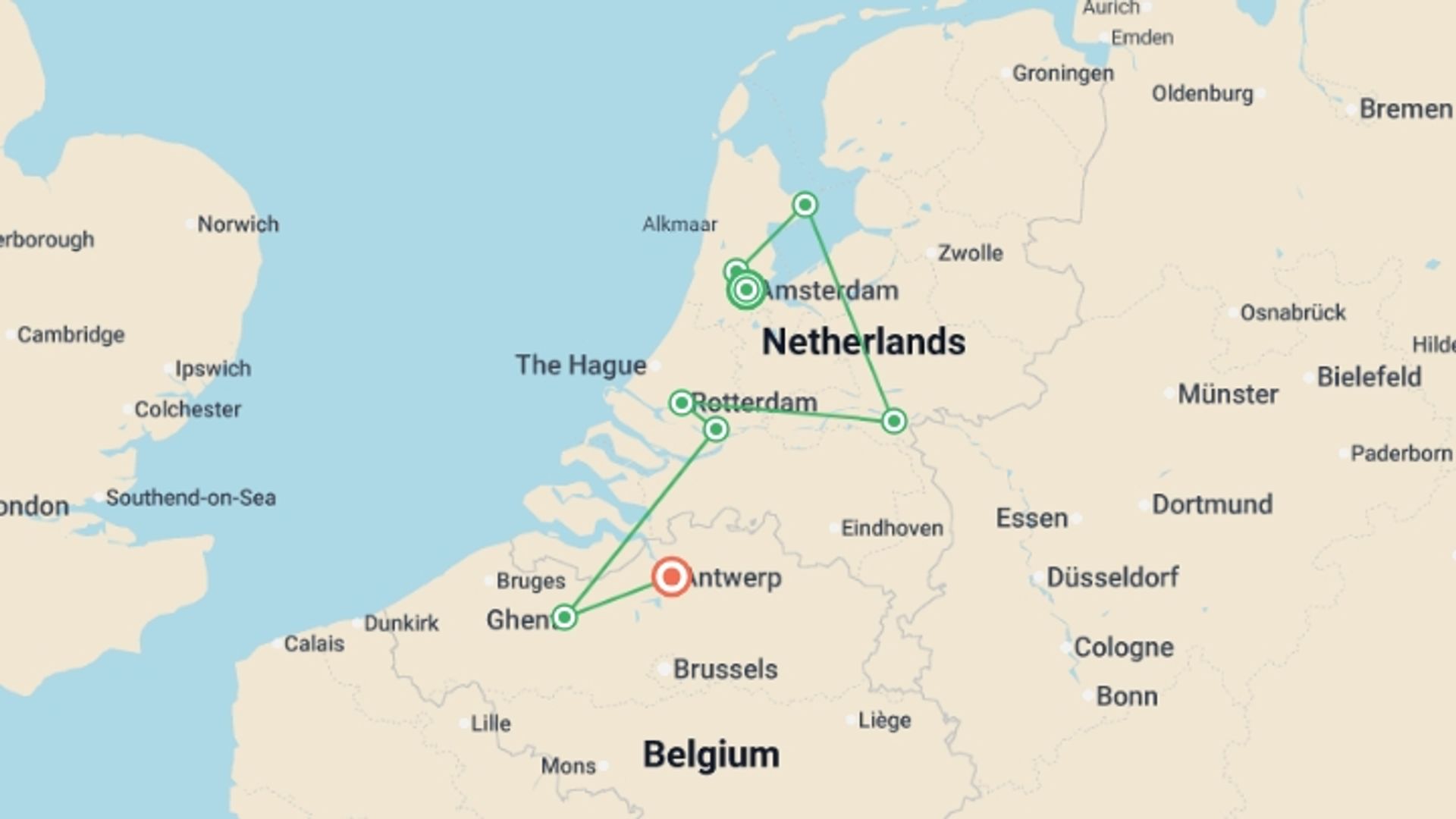 A map showing the tour itinerary for the trip: Tulips & Windmills (2028), starting in Amsterdam, Holland and ending in Amsterdam, Holland going through 7 other destinations.