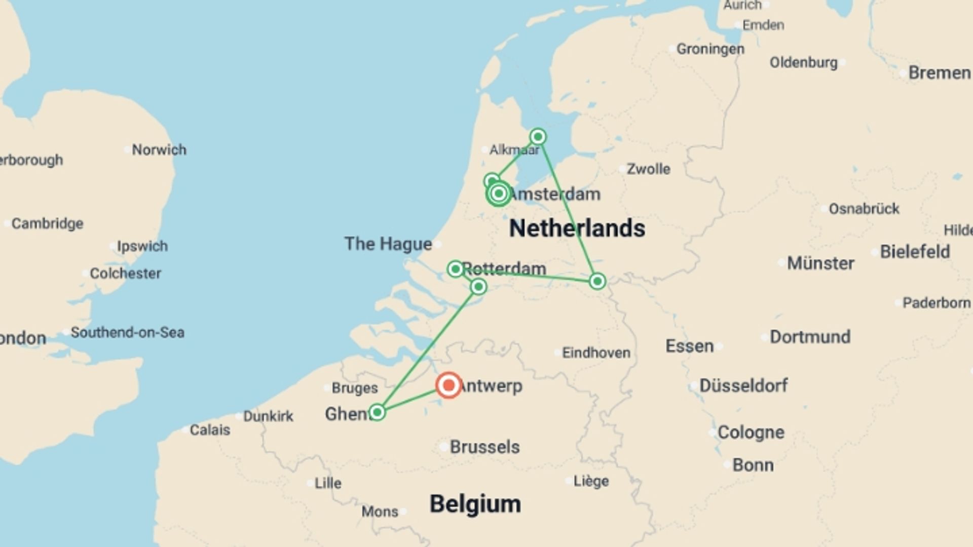 A map showing the tour itinerary for the trip: Tulips & Windmills (2028), starting in Amsterdam, Holland and ending in Amsterdam, Holland going through 7 other destinations.