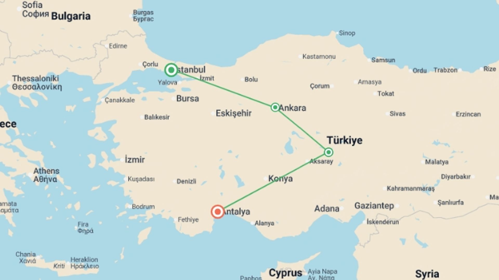 A map showing the tour itinerary for the trip: Turkey:  Cave Churches & Fairy Chimneys, starting in Istanbul, Turkey and ending in Antalya, Turkey going through 5 other destinations.