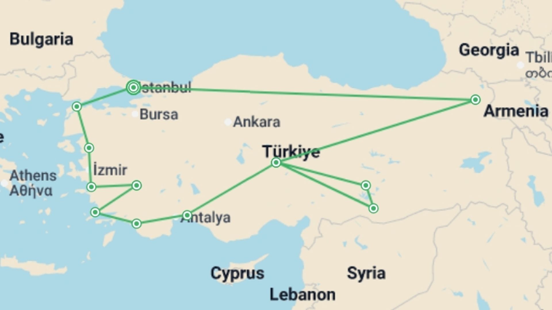 A map showing the tour itinerary for the trip: Turkey Encounters, starting in Istanbul, Turkey and ending in Istanbul, Turkey going through 7 other destinations.
